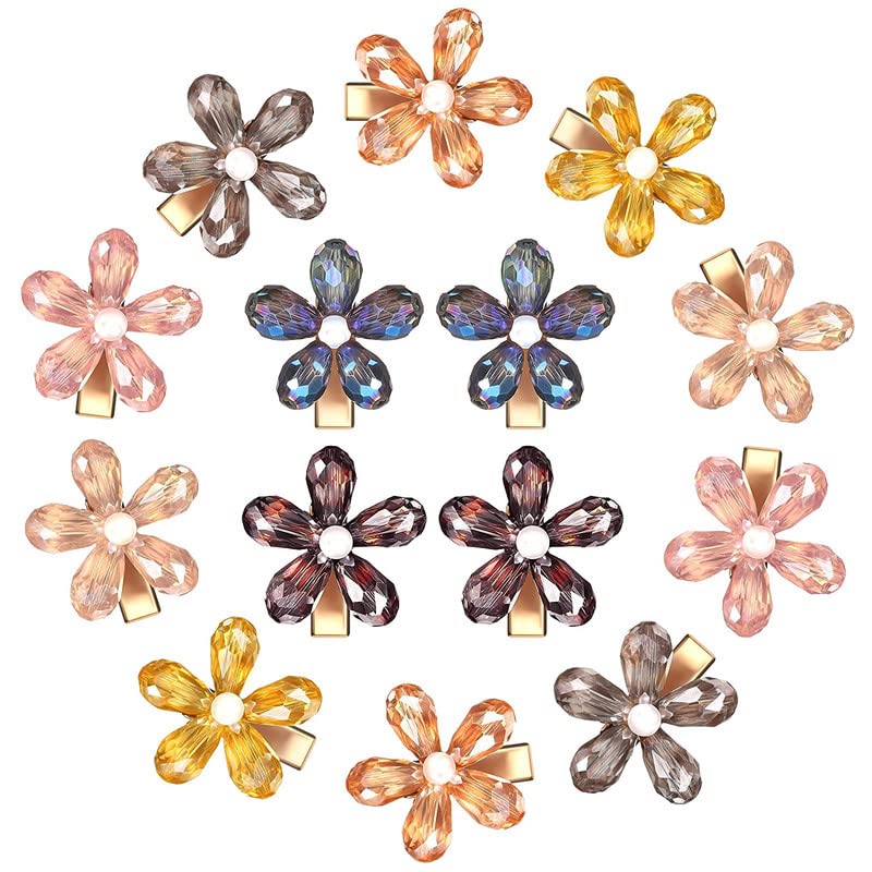 12PCS Flower Crystal Hair Clips - Small Pearl Alligator Hairpins with Bling for Women & Girls | Perfect for Weddings, Parties & Everyday Styling