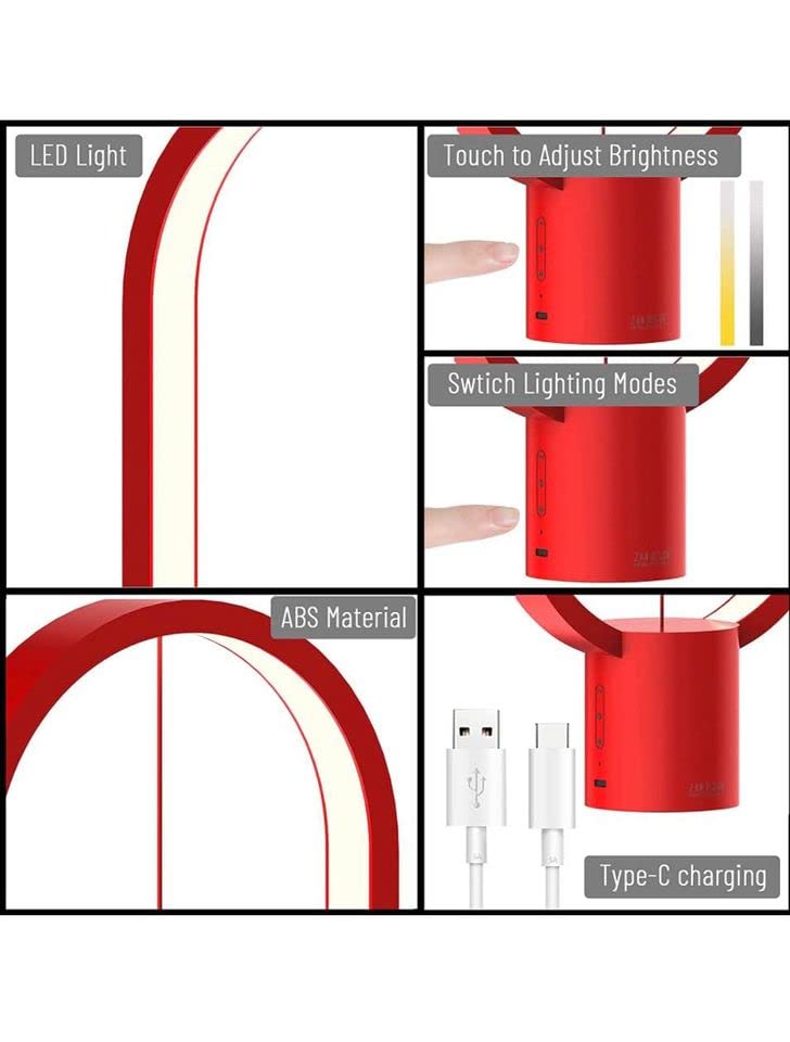 Rechargeable Touch Dimmer Table Lamp for Bedroom - 3-Level Brightness Adjustable Nightstand Lamp, Bedside Balance Light for Home, Office & College Dorm | Perfect as Christmas Gift & Reading Light (Red)