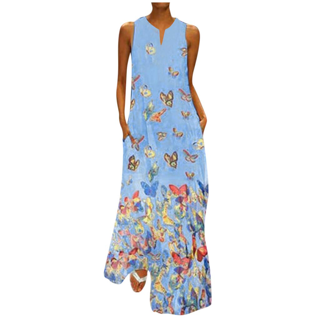Fekuit Women's Vintage Boho Sundress - V Neck Sleeveless Casual Summer Dress Plus Size Flowy Tank Dress for Beach, Vacation & Outdoor Activities