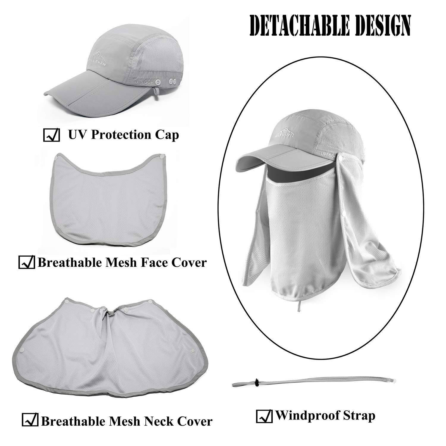 ELLEWIN UPF 50+ Sun Hat for Men & Women - Wide Brim Fishing Hat with Neck Flap & Face Cover - UV Protection Outdoor Hat for Hiking, Beach, Gardening, and Summer Activities