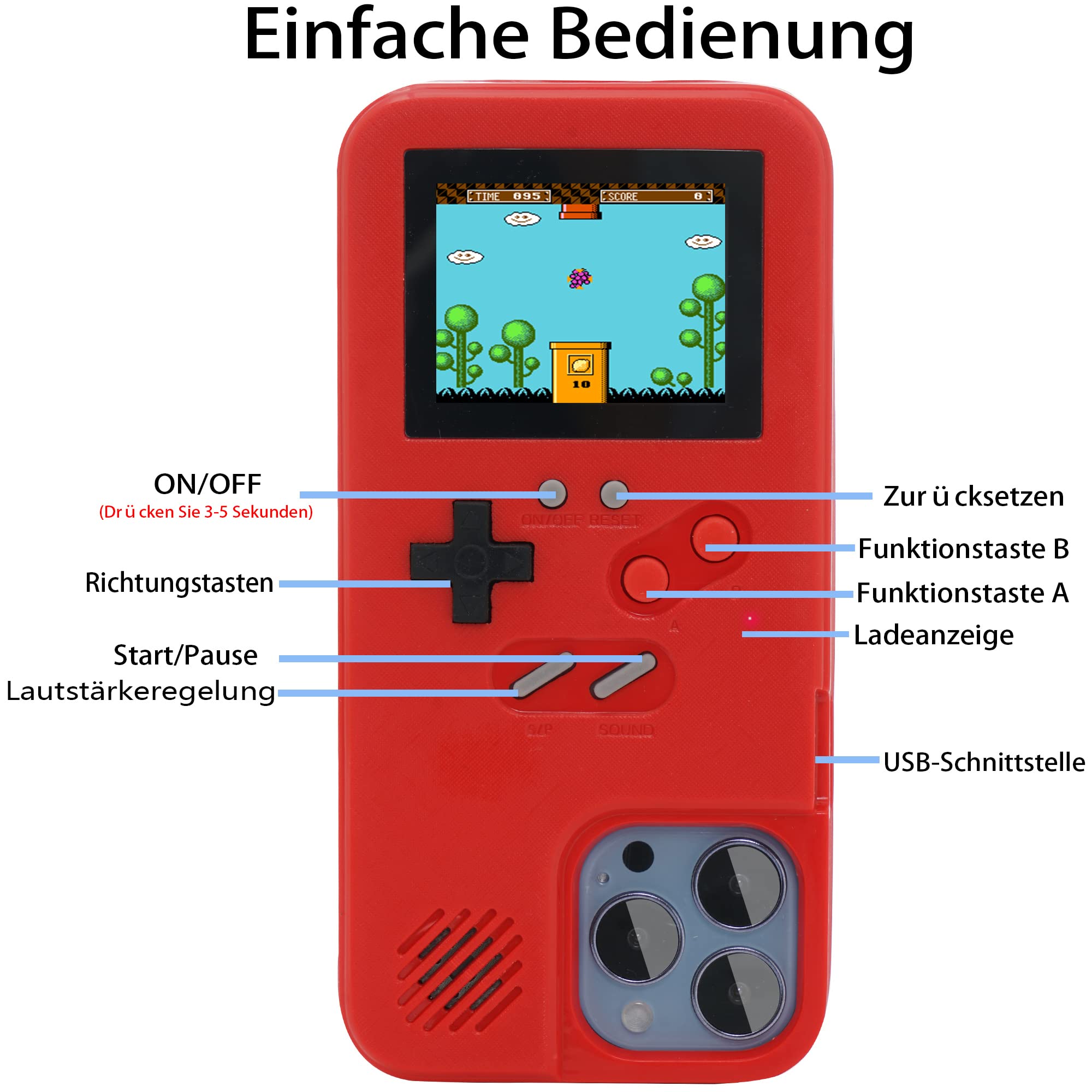 Retro Gameboy Case for iPhone 13/13 Pro - 168 Classic Games with Color Display, Anti-Scratch Shockproof Phone Cover (Red) - Perfect for Gaming Enthusiasts & Nostalgic Entertainment On-The-Go