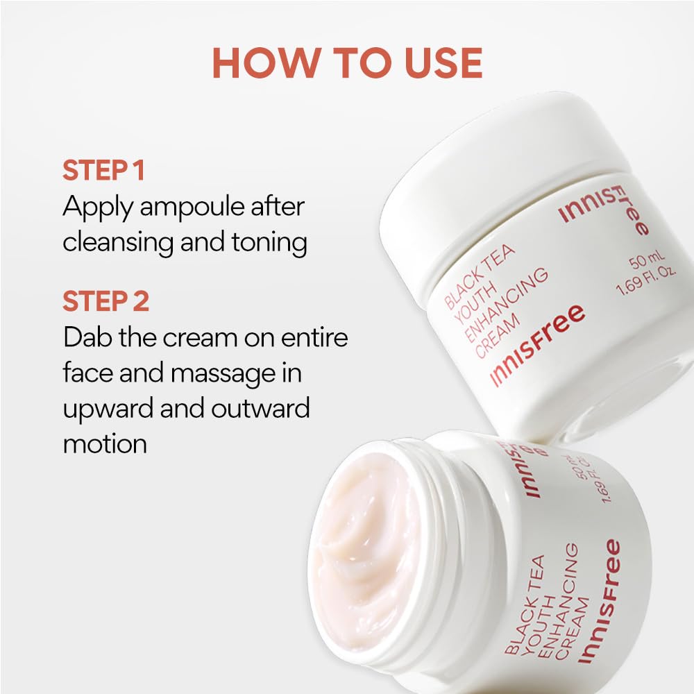 **Innisfree Black Tea Youth Cream 50ml - Anti-Aging Korean Skincare for Firming, Hydrating & Brightening | Reduces Wrinkles & Boosts Elasticity | Perfect for Night Routine & Dry Skin Care**