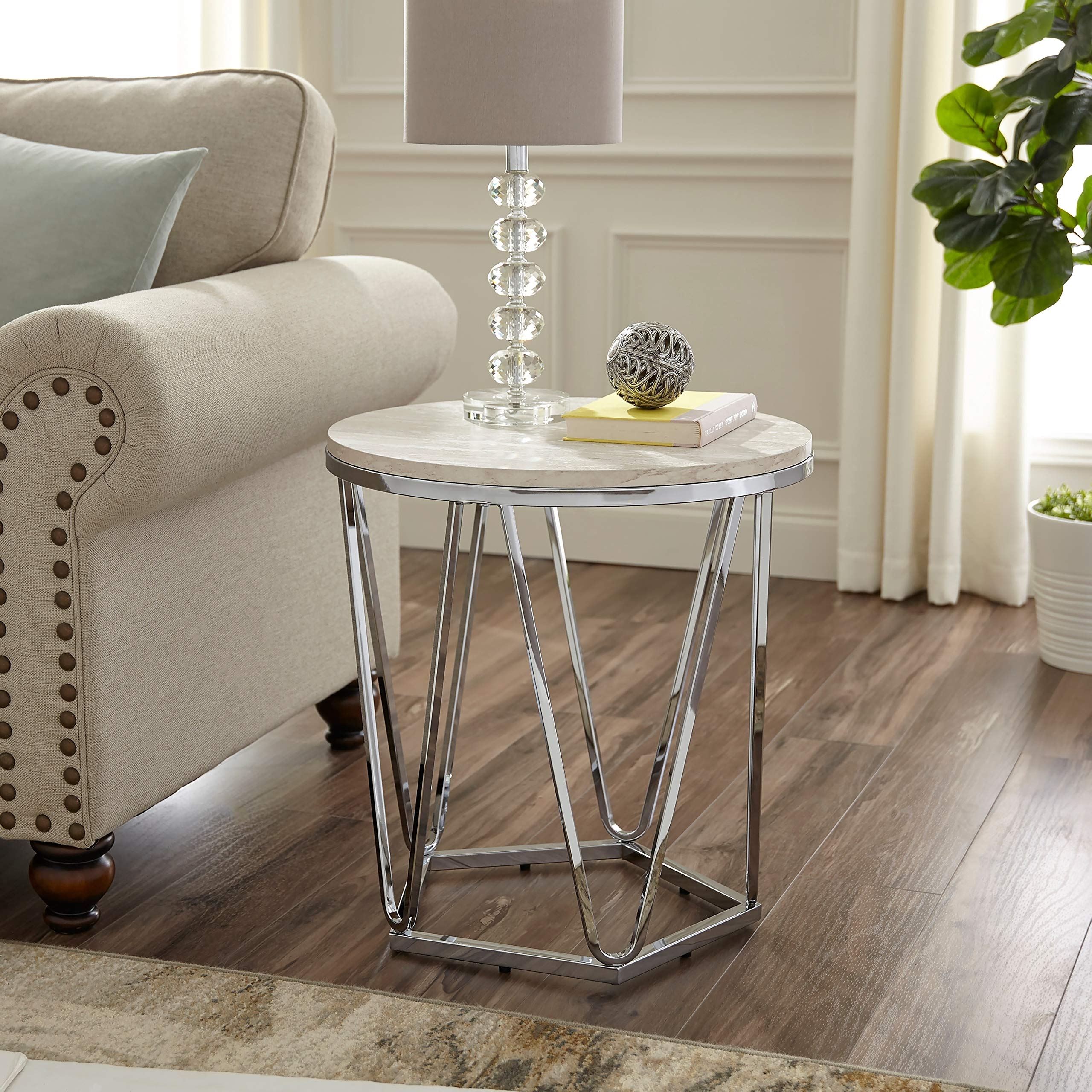 Round Stone Side Table with Silver Glam Iron Chrome Finish - Perfect for Living Room, Bedroom, or Outdoor Patio Decor