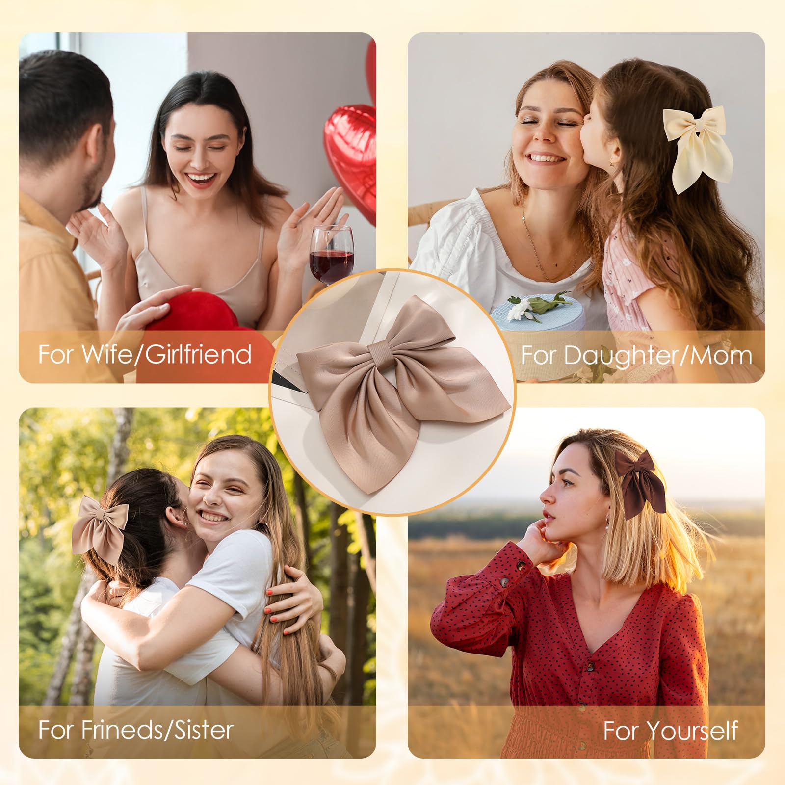 6Pcs Elegant Satin Hair Bows for Women & Girls - Neutral Color Bow Hair Clips, Soft Silky Hair Ribbons - Perfect Hair Accessories Gift for Birthday, Wedding, Party & Everyday Style