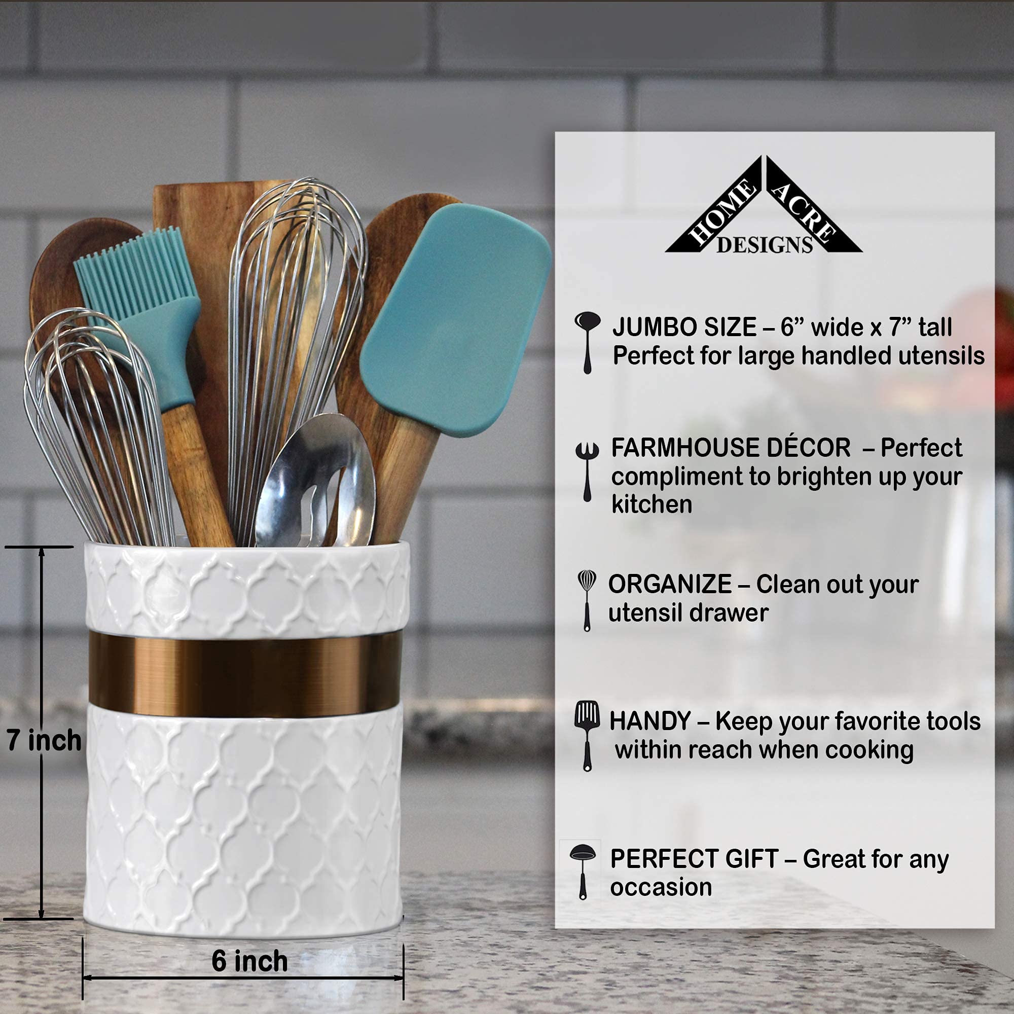Farmhouse Ceramic Kitchen Utensil Holder - Large White & Copper Countertop Crock for Spoons, Spatulas & Cooking Tools | Rustic Farmhouse Decor for Kitchen Counter, Dining Table & Pantry Organization