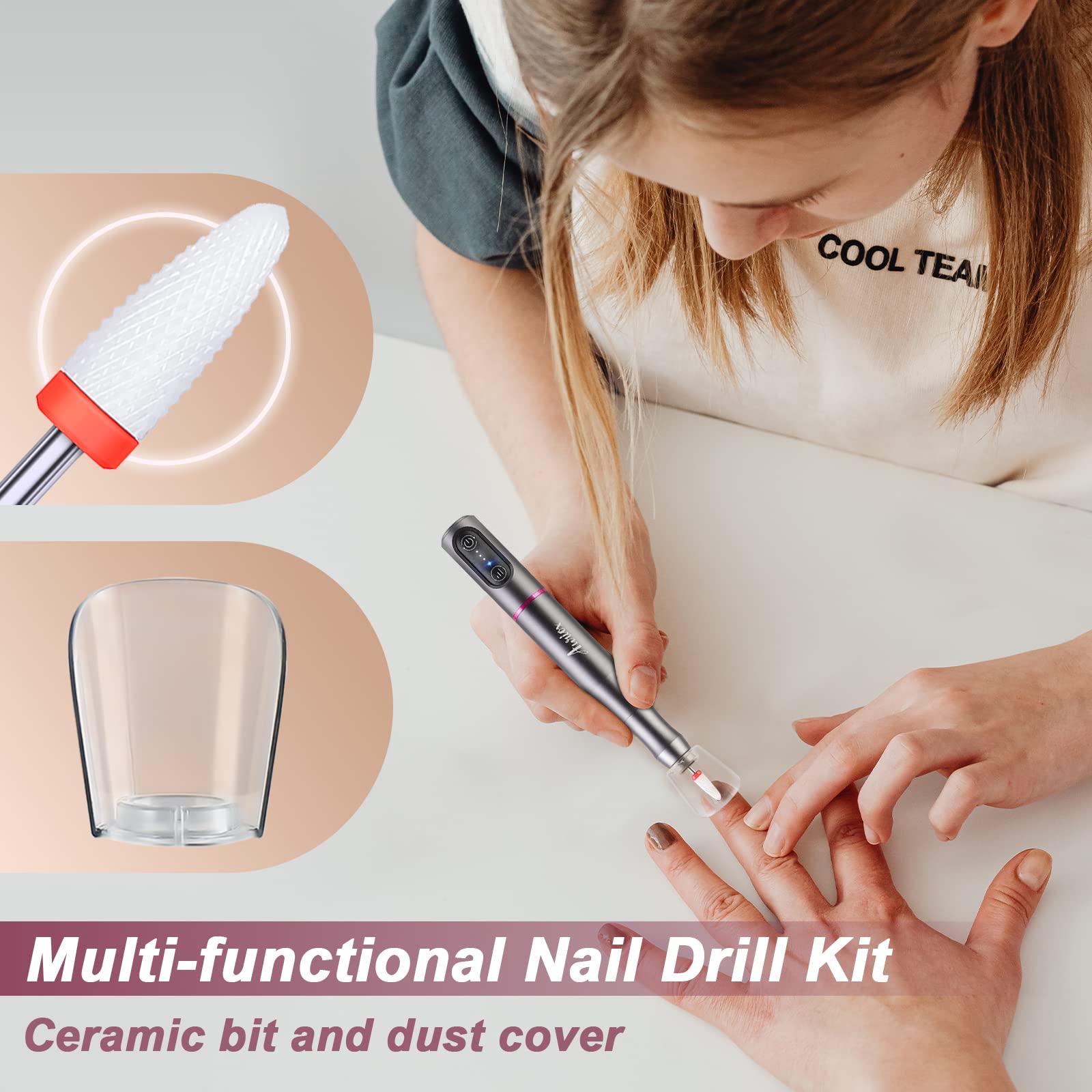 Auriox Professional Cordless Electric Nail Drill & File Kit - Rechargeable Portable Manicure Pedicure Tool with Ceramic Bit for Acrylic, Gel & Natural Nails (Gray) | Perfect for Home Salon & Nail Art Enthusiasts