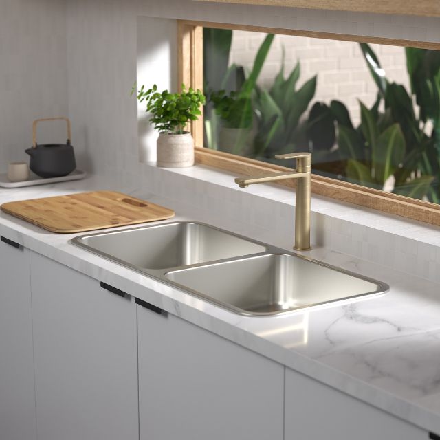 Caroma Luna Sink Mixer in Brushed Brass Finish - Modern Kitchen Faucet for Bathroom & Vanity Sink, Perfect for Home Renovation & Luxury Interior Design
