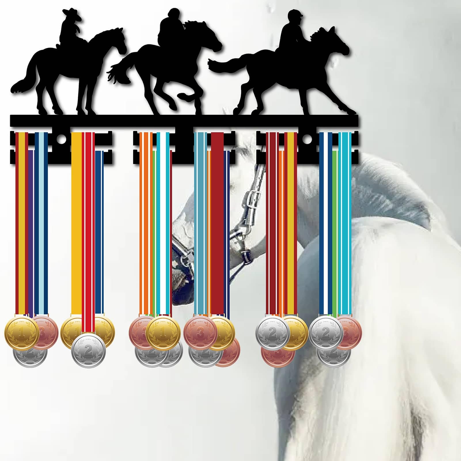 CREATCABIN Equestrian Medal Display Rack - Black Acrylic Wall Mounted Medal Holder with 12 Hooks & 3 Rows - Perfect for Organizing Riding, Dancing, and Running Awards (11.4x5 Inch) - Ideal for Equestrian Clubs, Dance Studios, and Sports Trophy Rooms