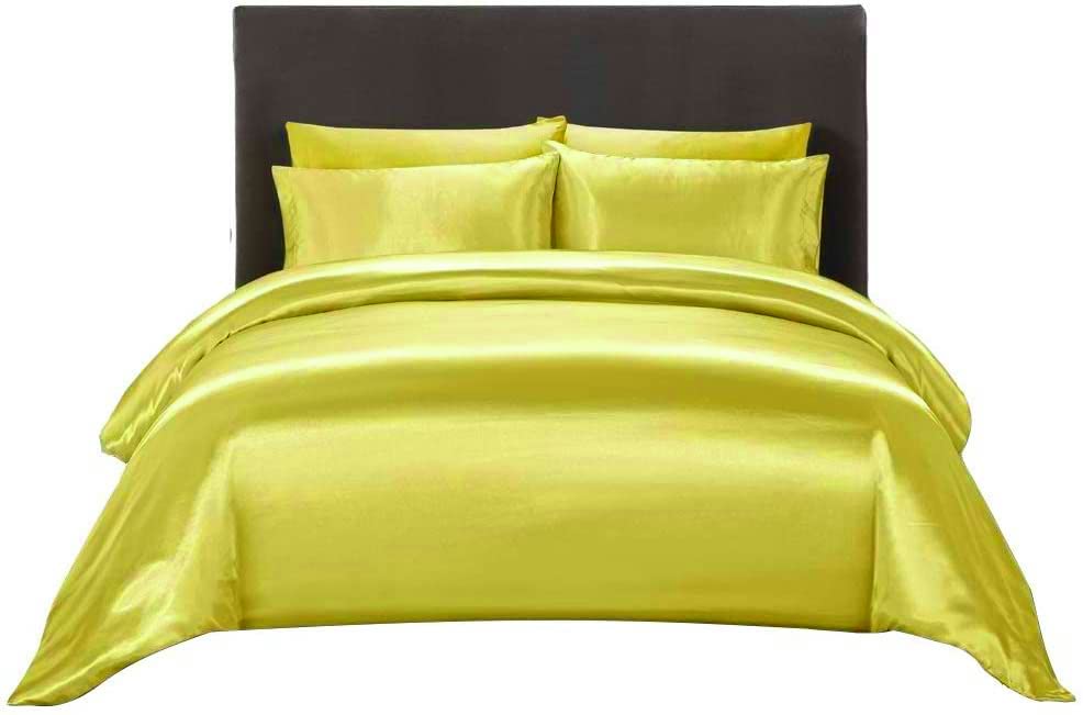 Ultra Soft Silk Satin King Size Yellow 4-Piece Duvet Cover Set with Zipper Closure - Includes Duvet Cover, Fitted Sheet (19'' Deep Pocket), and 2 Pillowcases - Luxury Bedding for Master Bedroom, Guest Room, or Hotel