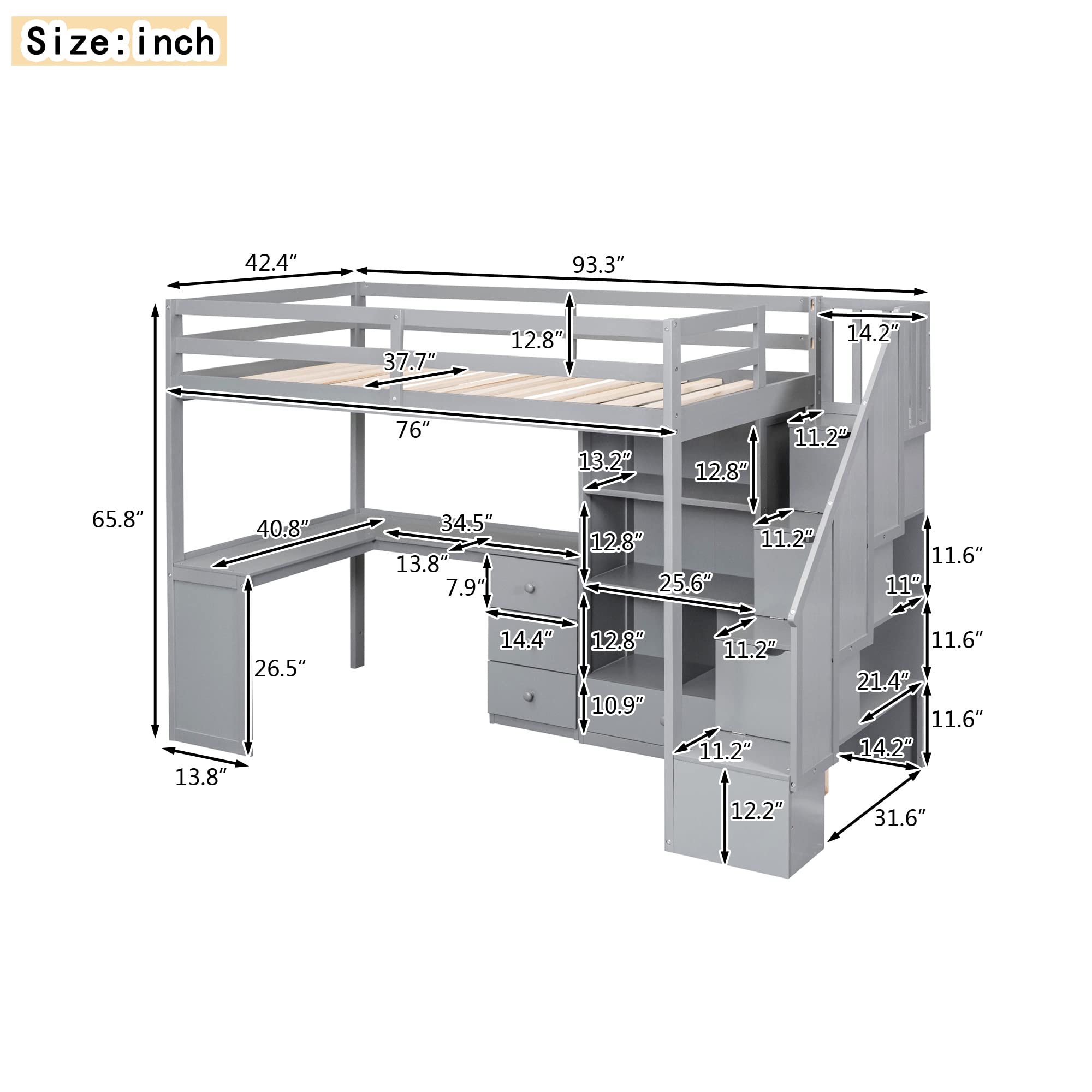 HABITRIO Twin Size Loft Bed with L-Shaped Desk, Storage Staircase & Drawers - Space Saving Study Bed with Cabinet & Shelves for Small Rooms, Grey - Perfect for Kids & Teens Bedroom, Dorm Room or Studio Apartment
