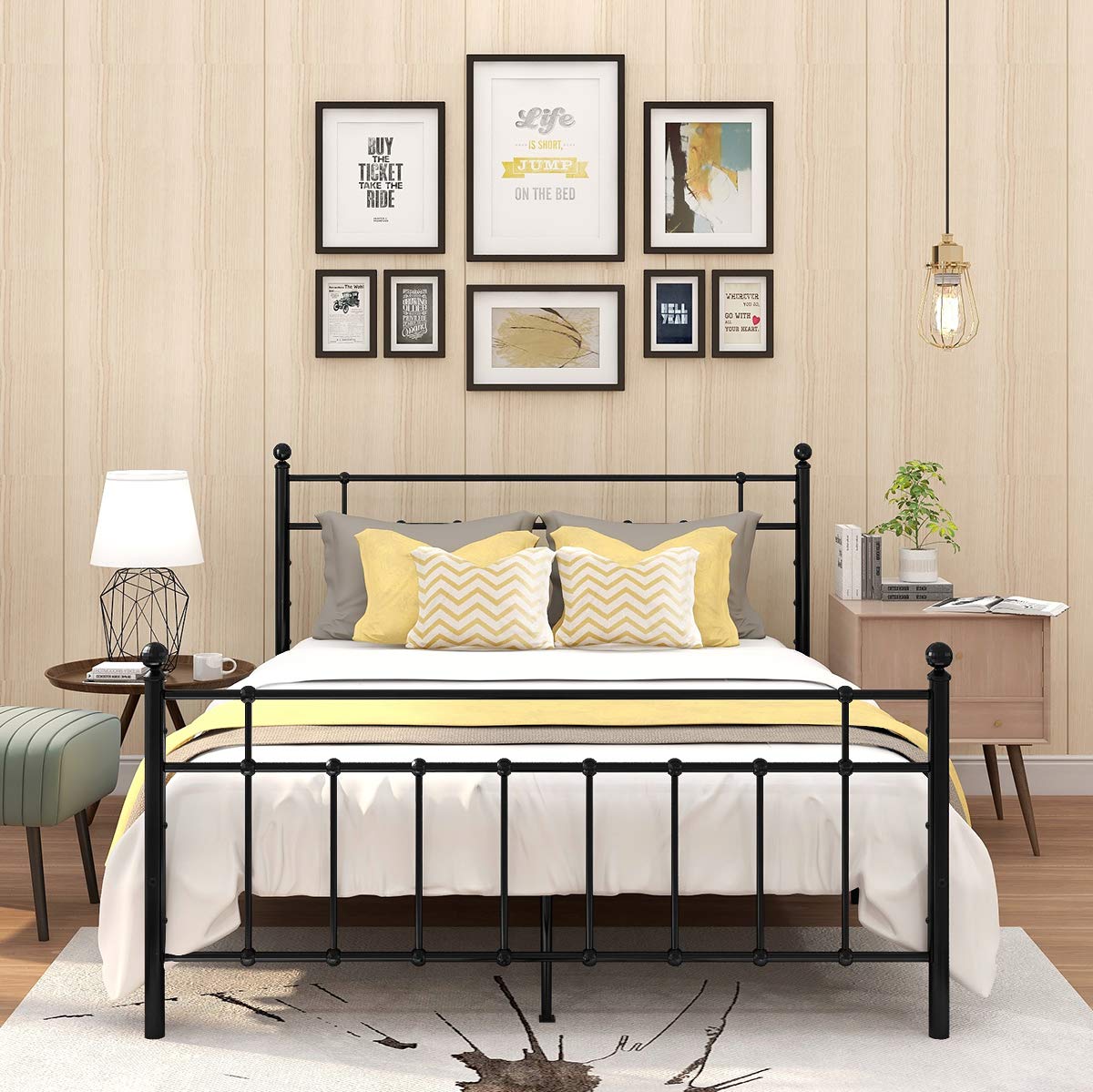 JURMERRY Black Metal Queen Bed Frame with Steel Headboard & Footboard - Sturdy Platform Bed with Round Slats, No Box Spring Needed - Modern Bedroom Furniture for Home, Apartment, Dorm (Queen Size)