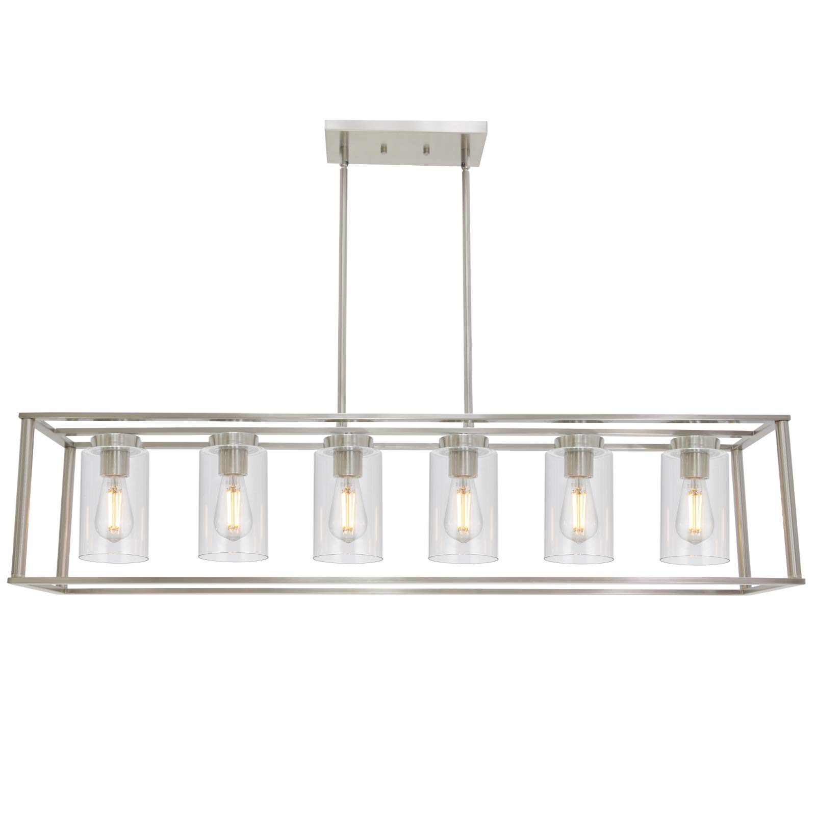VINLUZ 6-Light Modern Chandelier Brushed Nickel Rectangular Pendant Light - Industrial Style Dining Room & Kitchen Island Lighting Fixture with Glass Shade | Perfect for Farmhouse, Restaurant and Open Concept Spaces