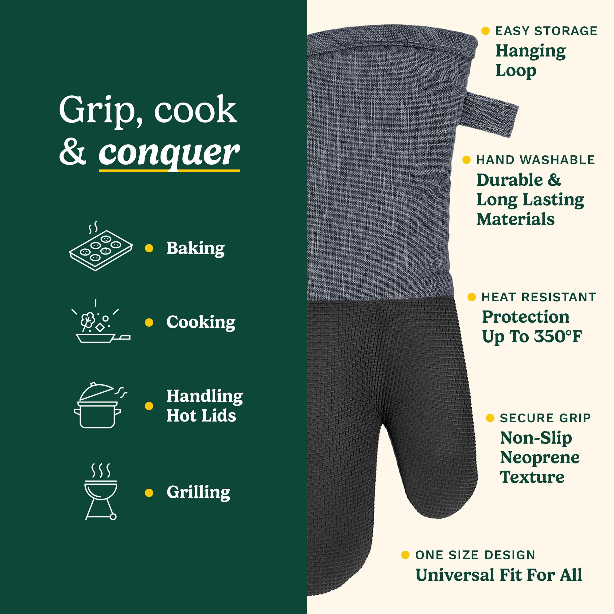 Cuisinart Heat-Resistant Oven Mitts - Non-Slip Neoprene Palm & Long Cotton Cuff for Cooking, Baking, Grilling - Durable Kitchen Gloves for BBQ, Baking Bread, Roasting Turkey (Chambray Blue) - Perfect for Holiday Cooking & Outdoor Grilling