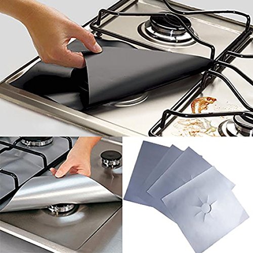 4-Pack Reusable Square Gas Hob Protector Liners - Silver Foil Stove Burner Cover Mats for Easy Cleaning & Cooktop Protection | Ideal for Kitchen Safety & Gas Stove Maintenance