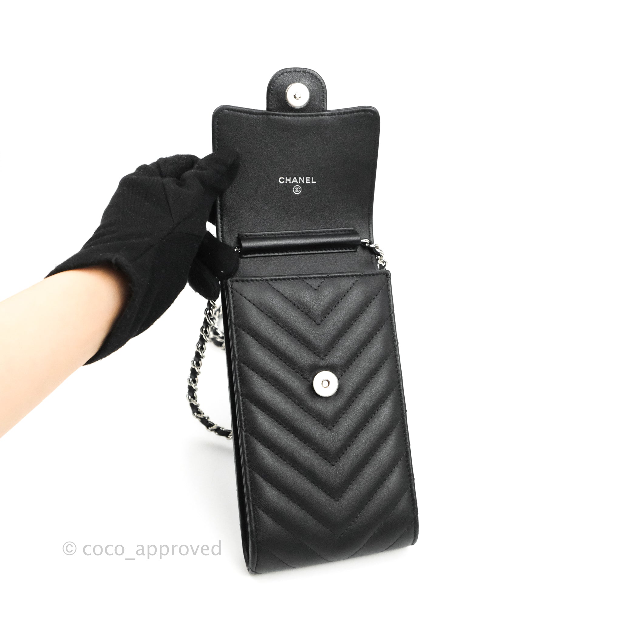 Chanel Classic Chevron Phone Holder - Calfskin Leather with Black & Silver Hardware - Perfect for Luxury Smartphone Protection & Style