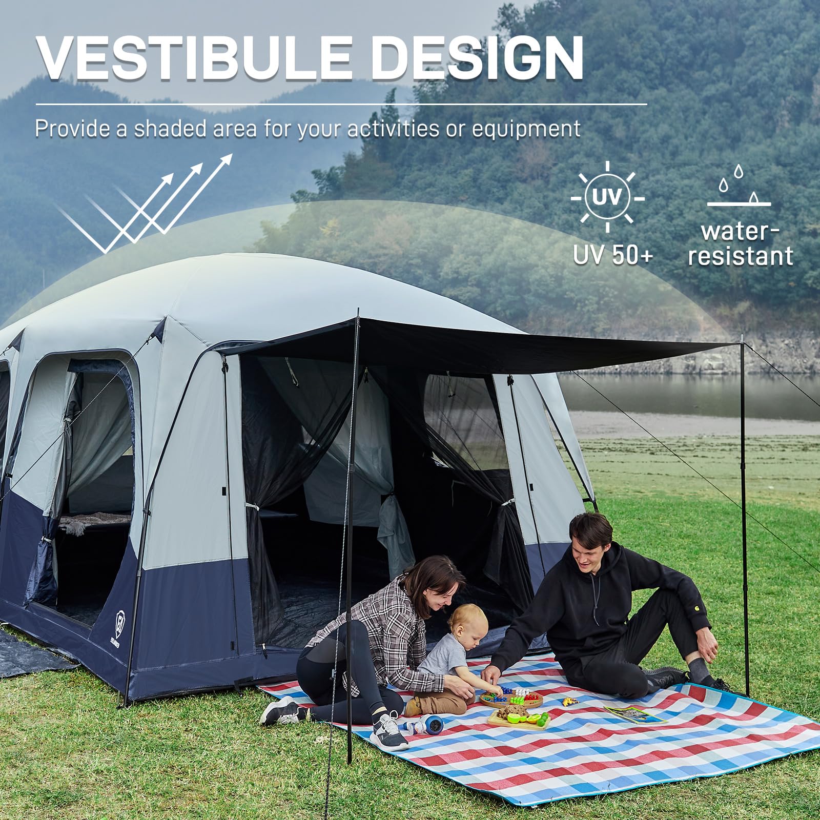 EVER ADVANCED 10-Person Blackout Camping Tent - Multi-Room Family Tent with Rainfly & Carry Bag - Water-Resistant 14ft x 10ft x 84in Large Tent - Perfect for Family Camping, Outdoor Adventures & Backyard Sleepovers