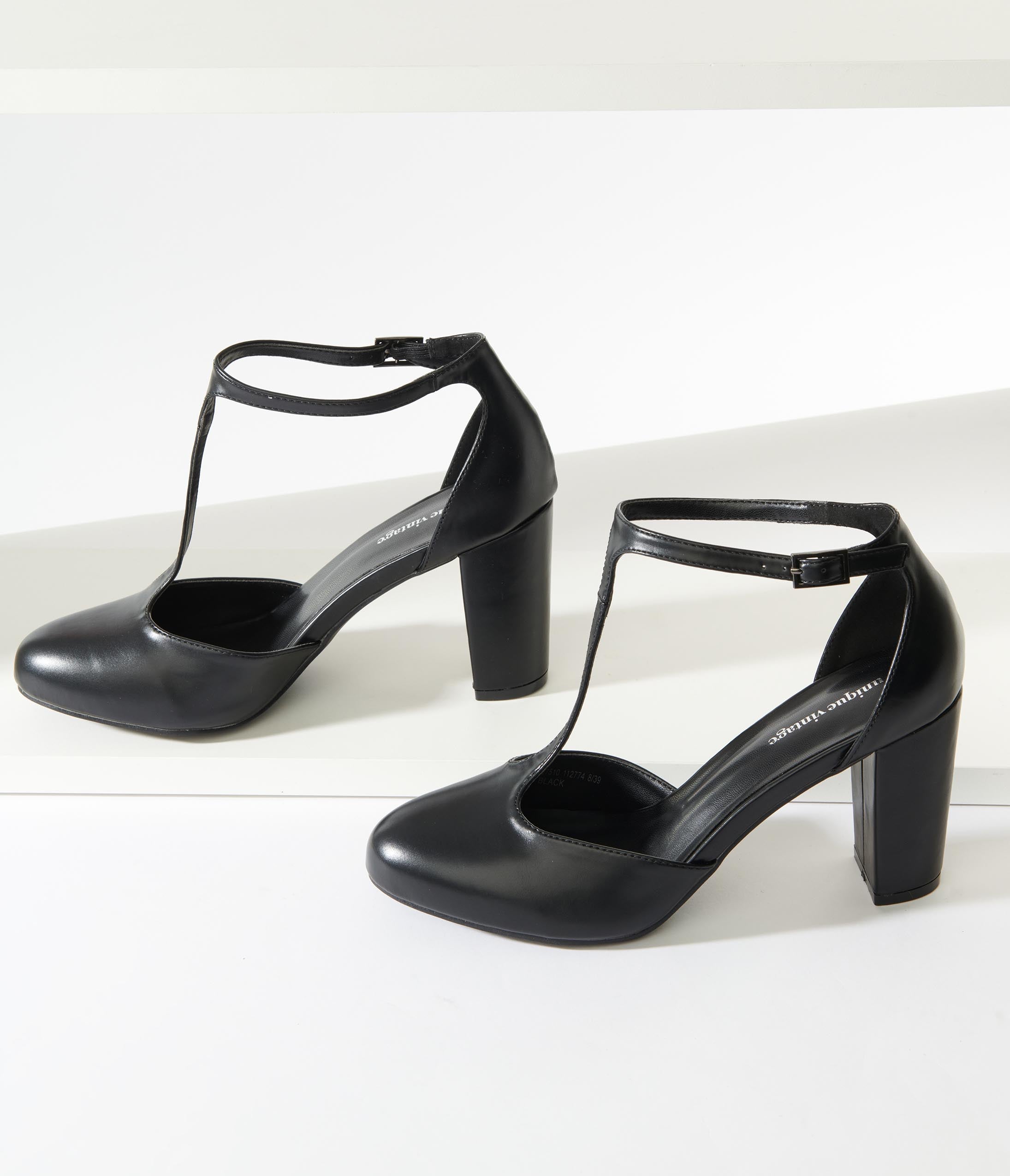 Vintage Black Leatherette T-Strap Mary Jane Pumps - Retro 1920s Inspired Dance Shoes for Swing Dancing, Flapper Costumes & Evening Wear