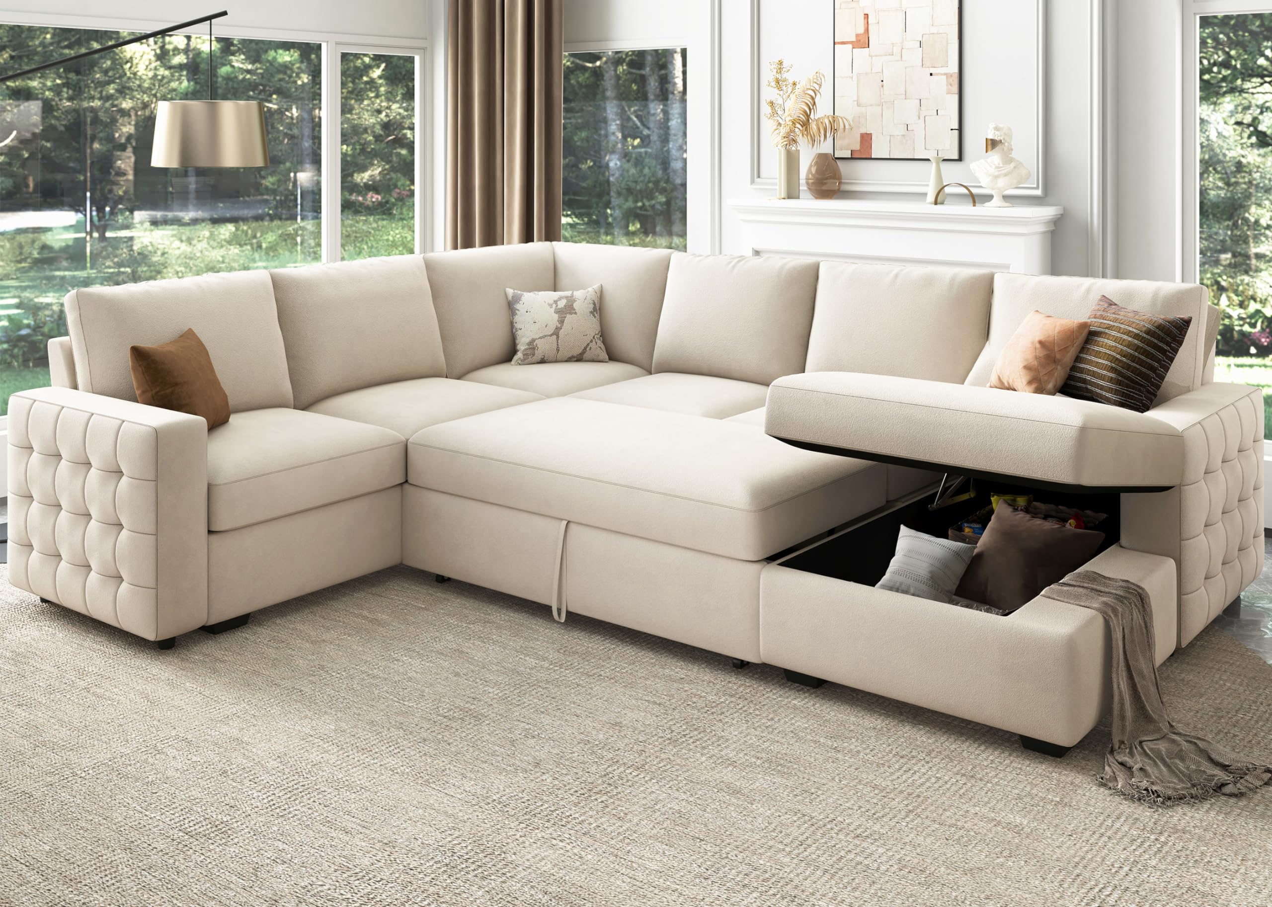 HONBAY U-Shaped Velvet Beige Sectional Sofa with Pull-Out Bed & Storage | Modern Sleeper Couch for Small Spaces | Perfect for Living Rooms, Apartments & Guest Rooms