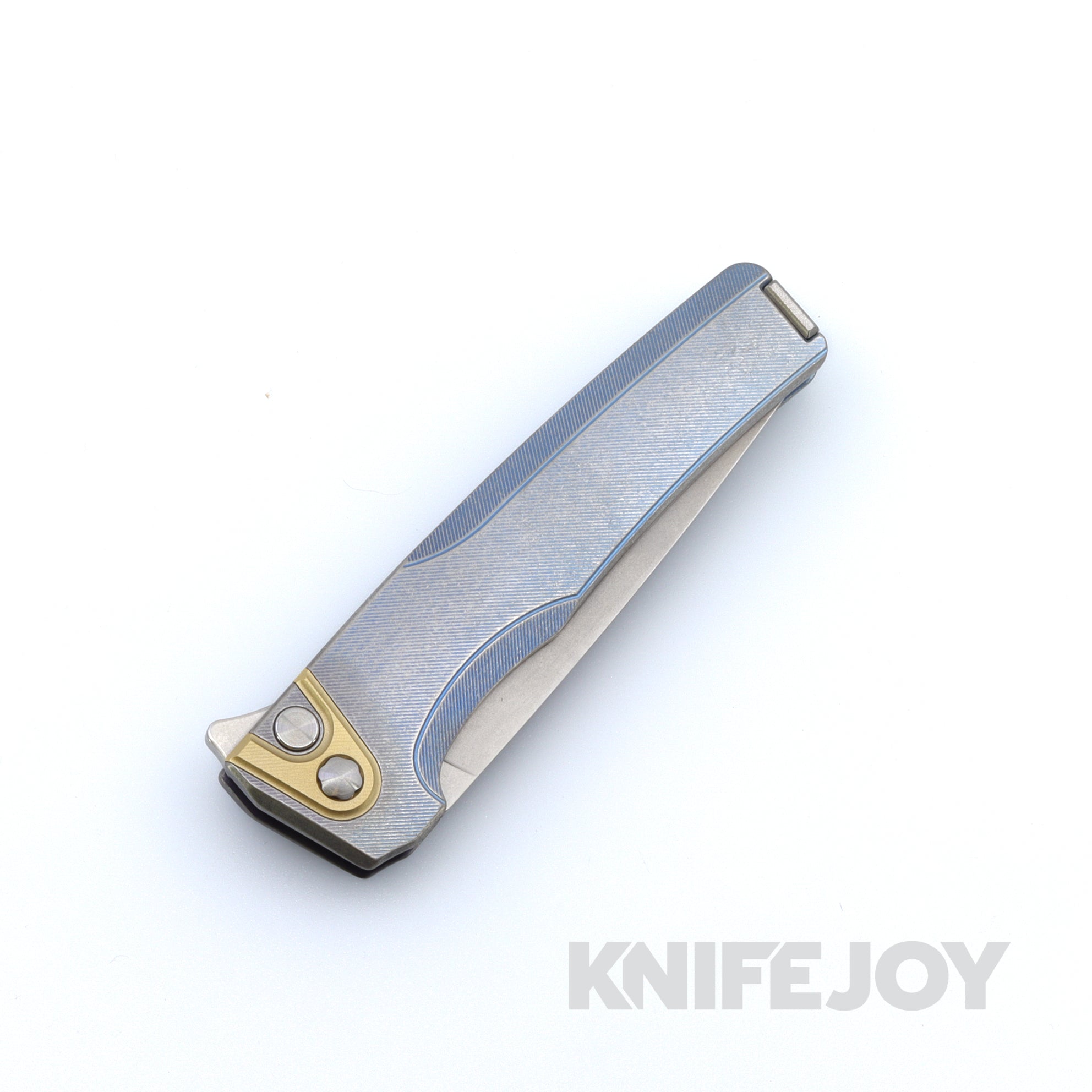 MachineWise Sonora Button Lock Folding Knife - 20CV Steel Blade with Light Blue Fine Step Textured Titanium Handles & Brass Bolster - EDC Pocket Knife for Outdoor, Camping, Hiking and Everyday Carry