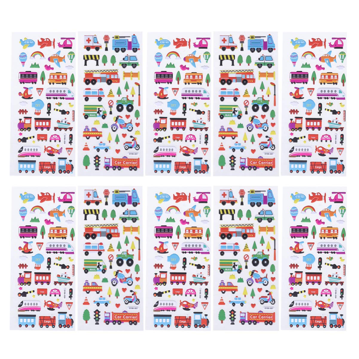 SUPVOX 3D Puffy Foam Stickers - 10 Sheets Random Traffic Vehicle Cars Decals for Kids, Toddlers & Children - Fun DIY Crafts, Scrapbooking, School Projects & Party Favors