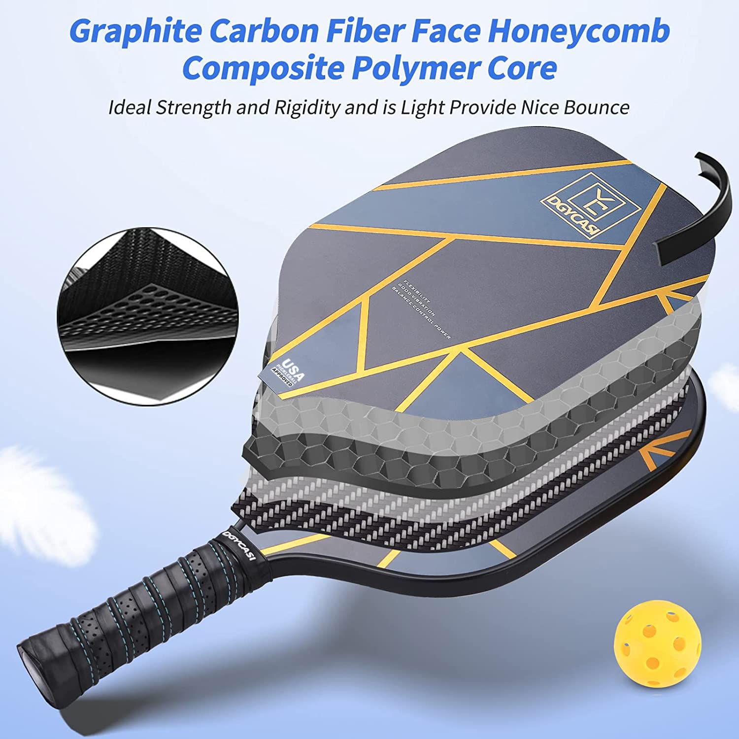 YC DGYCASI Graphite Pickleball Paddles Set of 4 - USAPA Approved 2025 | Carbon Fiber Surface & Lightweight Polypropylene Honeycomb Core | Includes 3 Indoor/Outdoor Balls, 4 Replacement Grips & Carry Bag | Perfect for Recreational Play, Competitive Tournaments & Family Fun