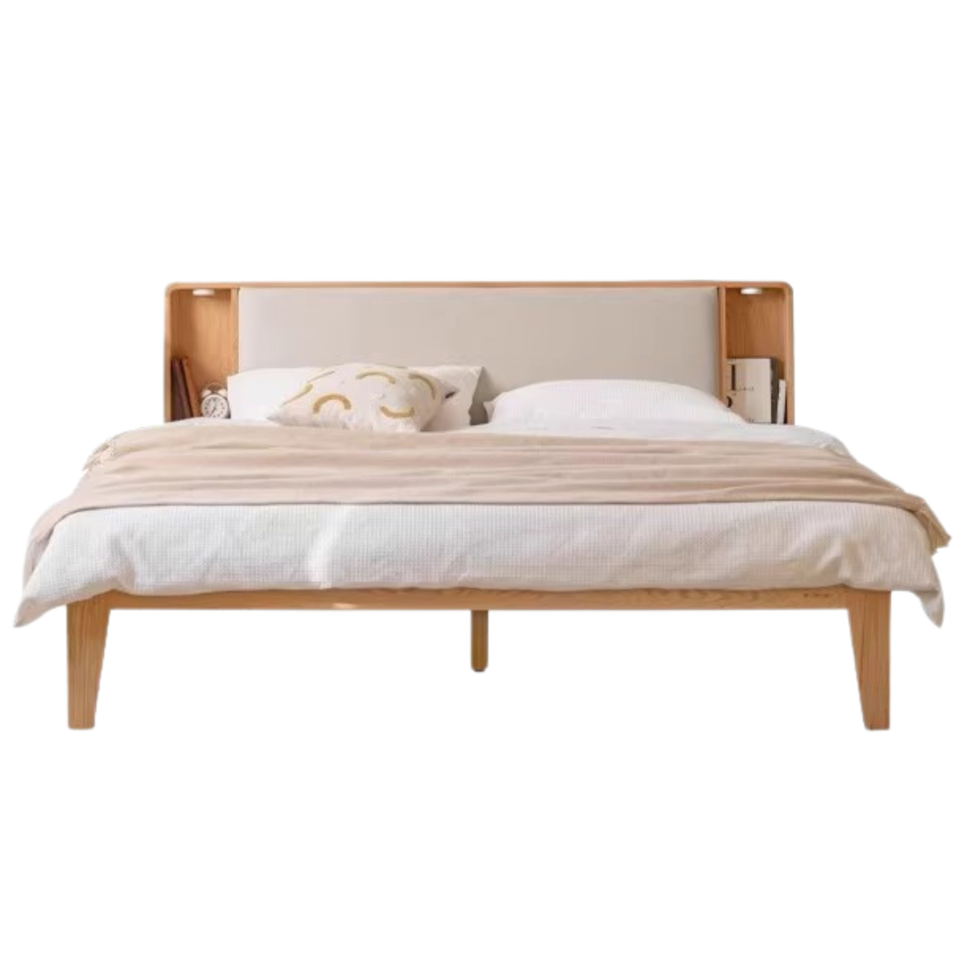 Solid Oak Wood Leather & Fabric Luminous Bed with Shelf - Modern Platform Bed Frame with Storage for Bedroom, Guest Room, or Dorm