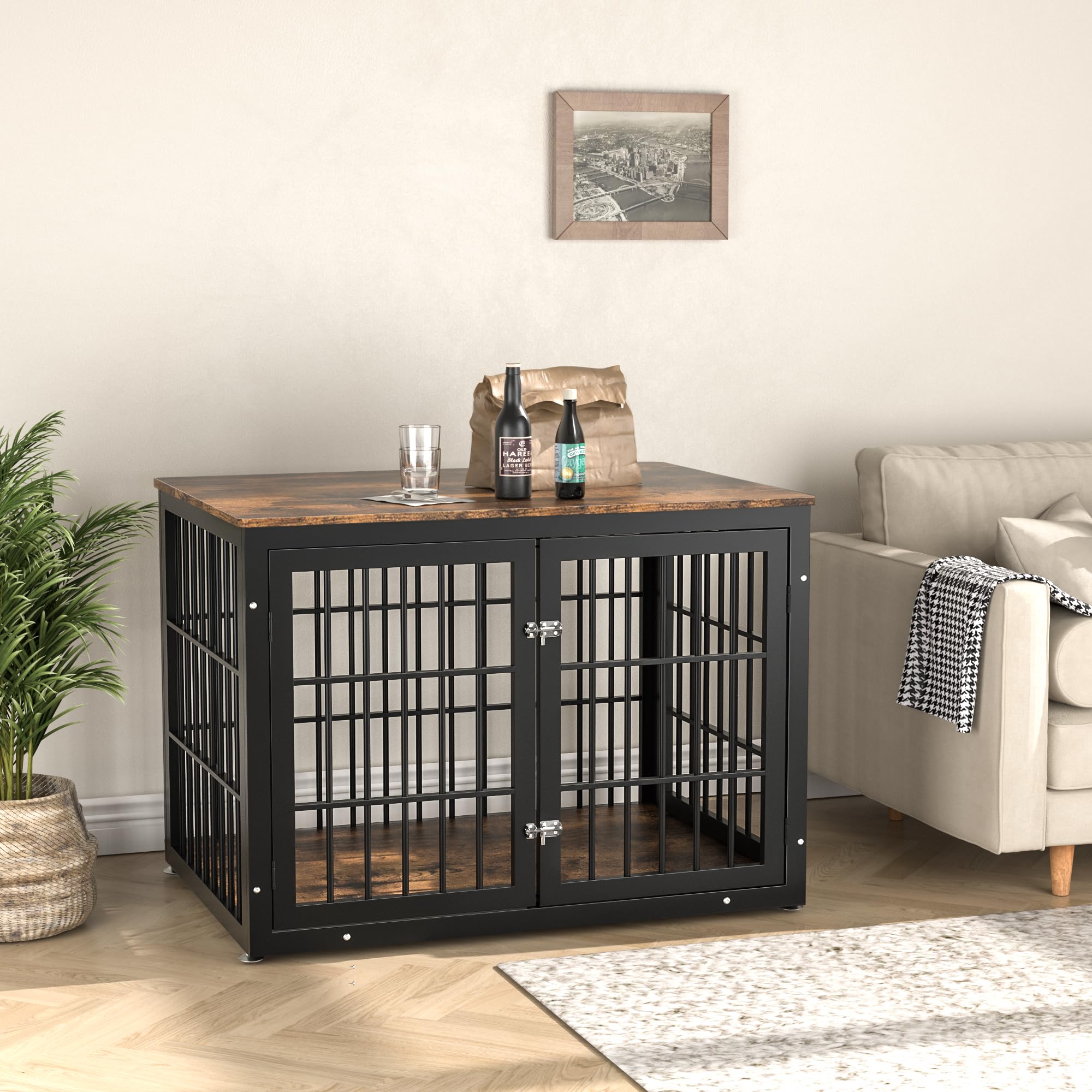 Sturdy Wooden Dog Crate Furniture for Large & Medium Dogs - Decorative Pet House & End Table - Indoor Kennel Cage for Living Room & Bedroom