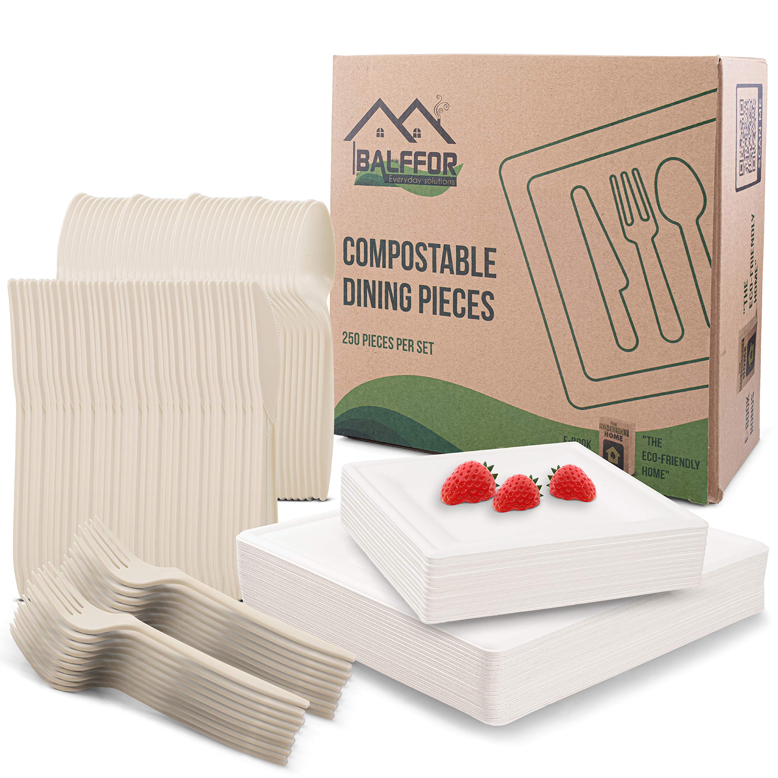 Balffor 250-Pack Eco-Friendly Disposable Plates & Cutlery Set - Biodegradable Cornstarch Forks, Spoons, Knives & Sugarcane Bagasse Plates (10