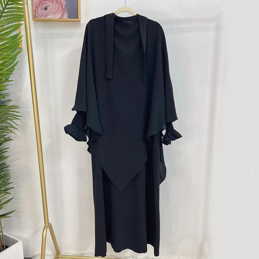 2-Piece Abaya Khimar Set - Long Triangle Hijab & Smocked Cuff Dress for Women | Islamic Modest Wear for Prayer, Mosque & Special Occasions