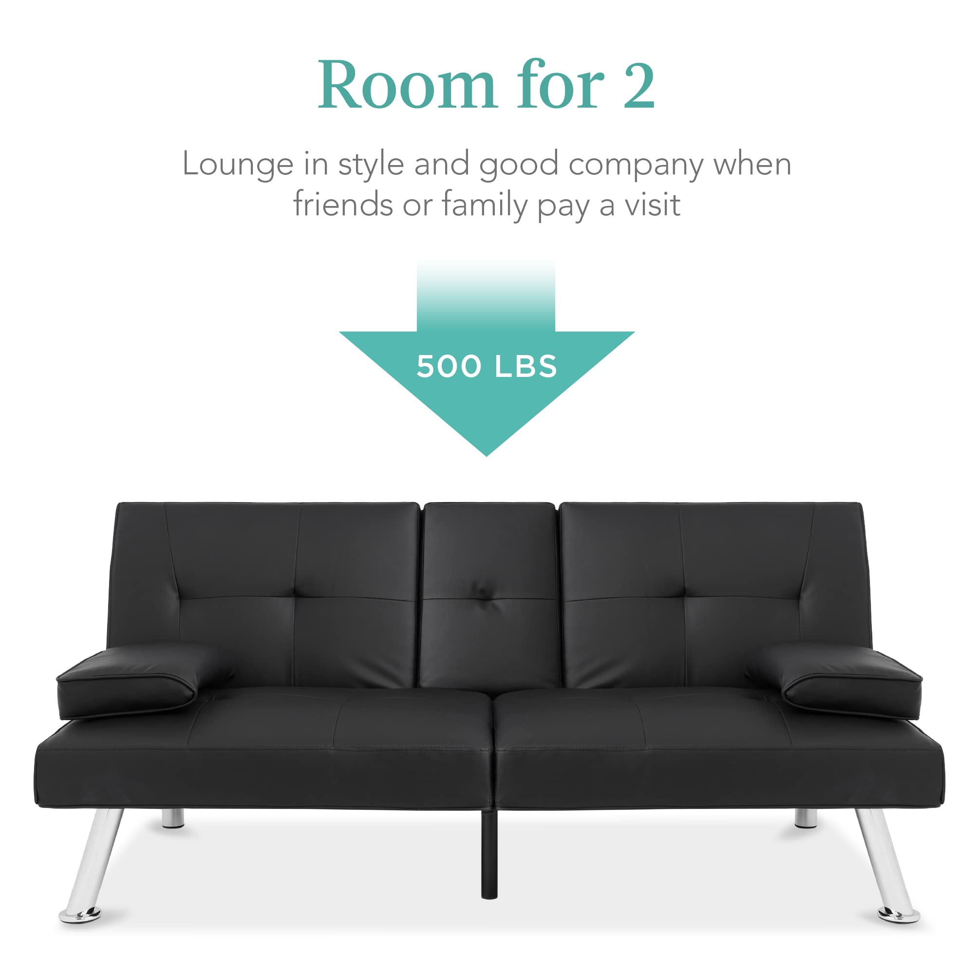 Best Choice Products Faux Leather Convertible Futon Sofa Bed - Adjustable Folding Guest Bed with Removable Armrests - Modern Upholstered Sleeper for Small Spaces, Apartments & Home Office - Black