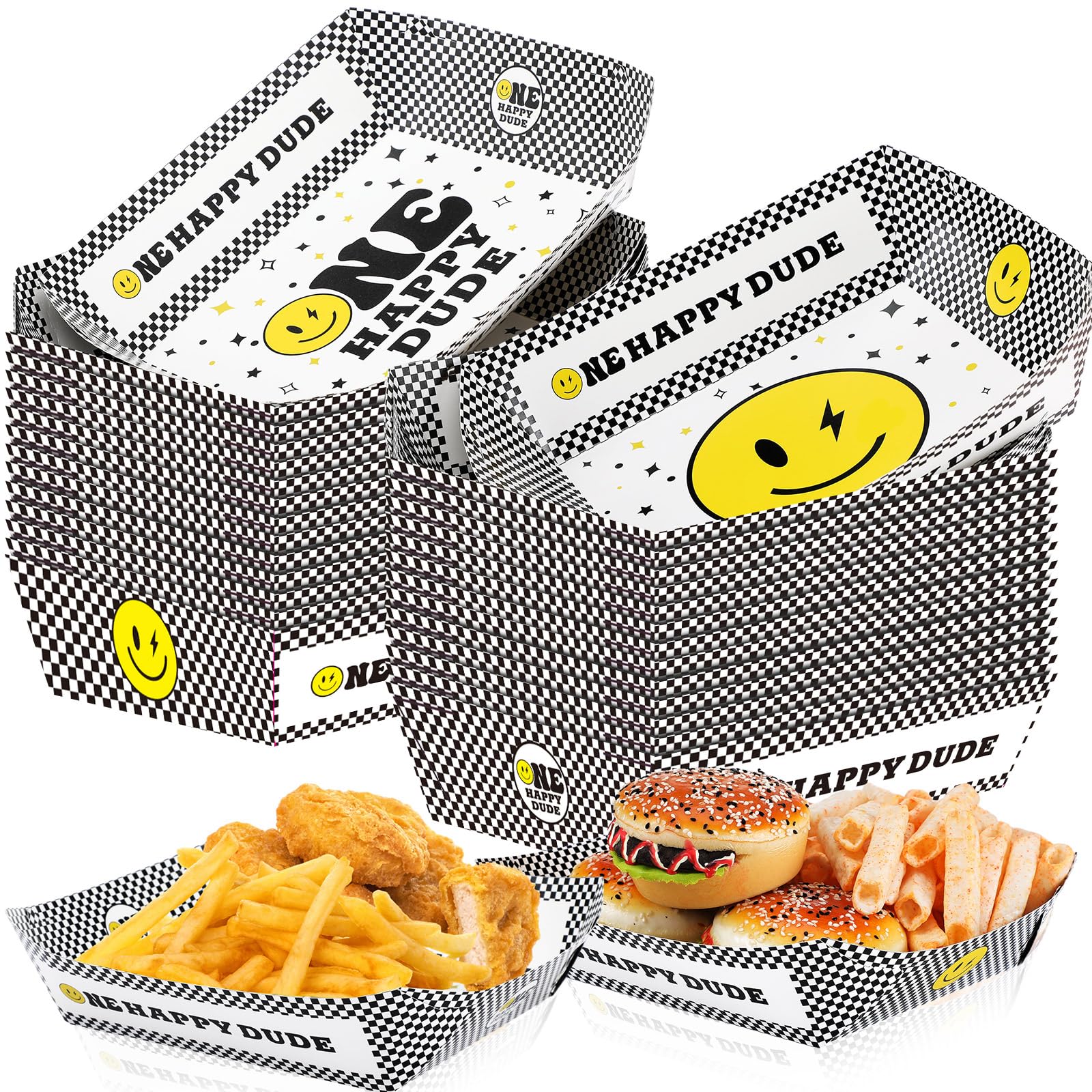 50 Pcs Happy Dude Birthday Party Decorations - Waterproof Disposable Nacho Tray & Hot Dog Holder Paper Food Serving Baskets for 1st Birthday, Baby Shower, BBQ, Picnic, and Outdoor Events