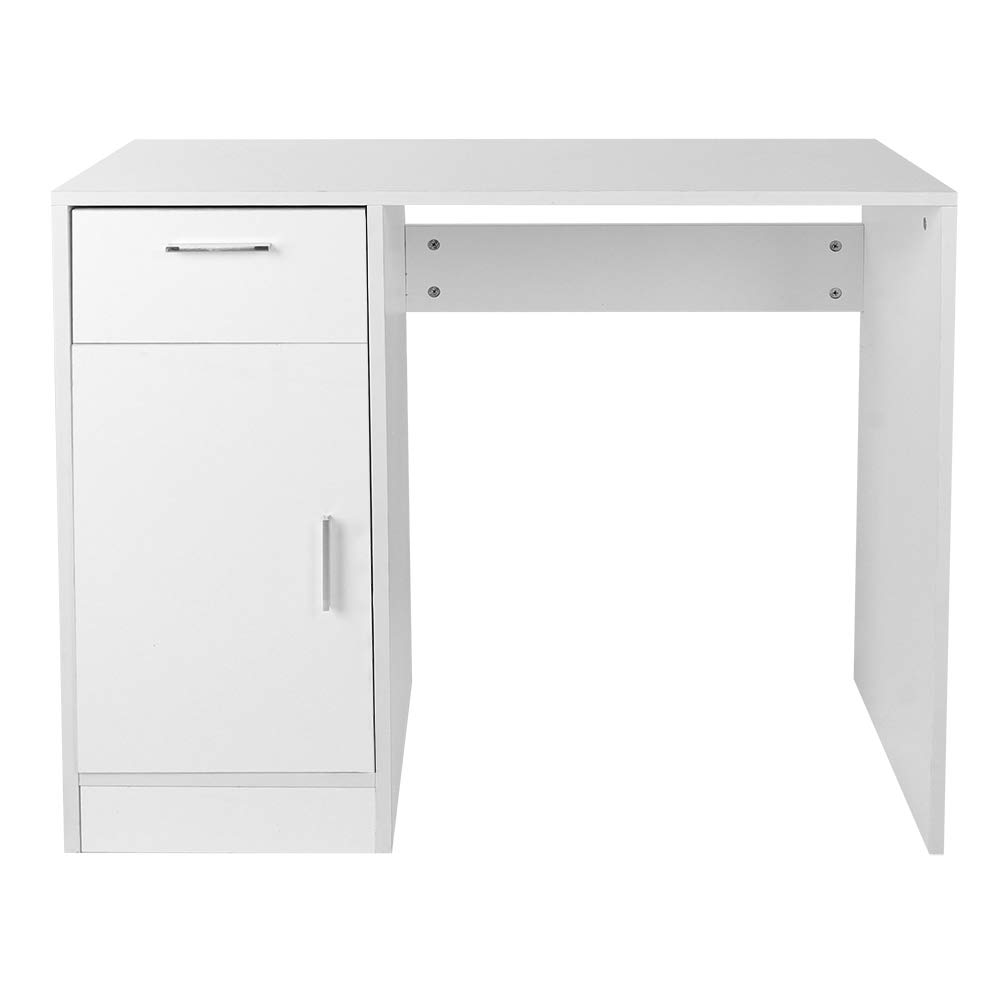 Compact Laminated Particle Board Woodgrain Desktop Table with 1 Door Drawer - White Laptop Desk for Dorm Room, Apartment & Home Office | Space-Saving Study & Work Solution