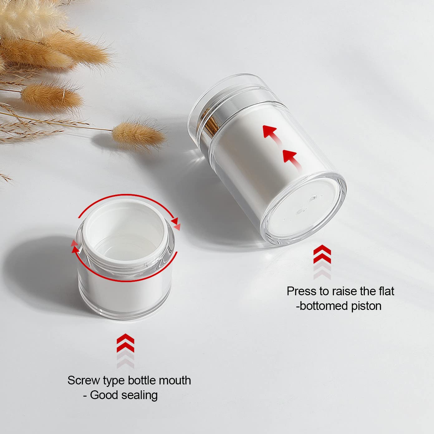 4-Pack Airless Pump Jars (0.5oz+1.0oz+1.7oz+3.5oz) - Leak-Proof Lotion Dispenser Bottles for Travel, Skincare Cream & Makeup Storage - Perfect for Moisturizers, Serums & Cosmetic Products On-The-Go