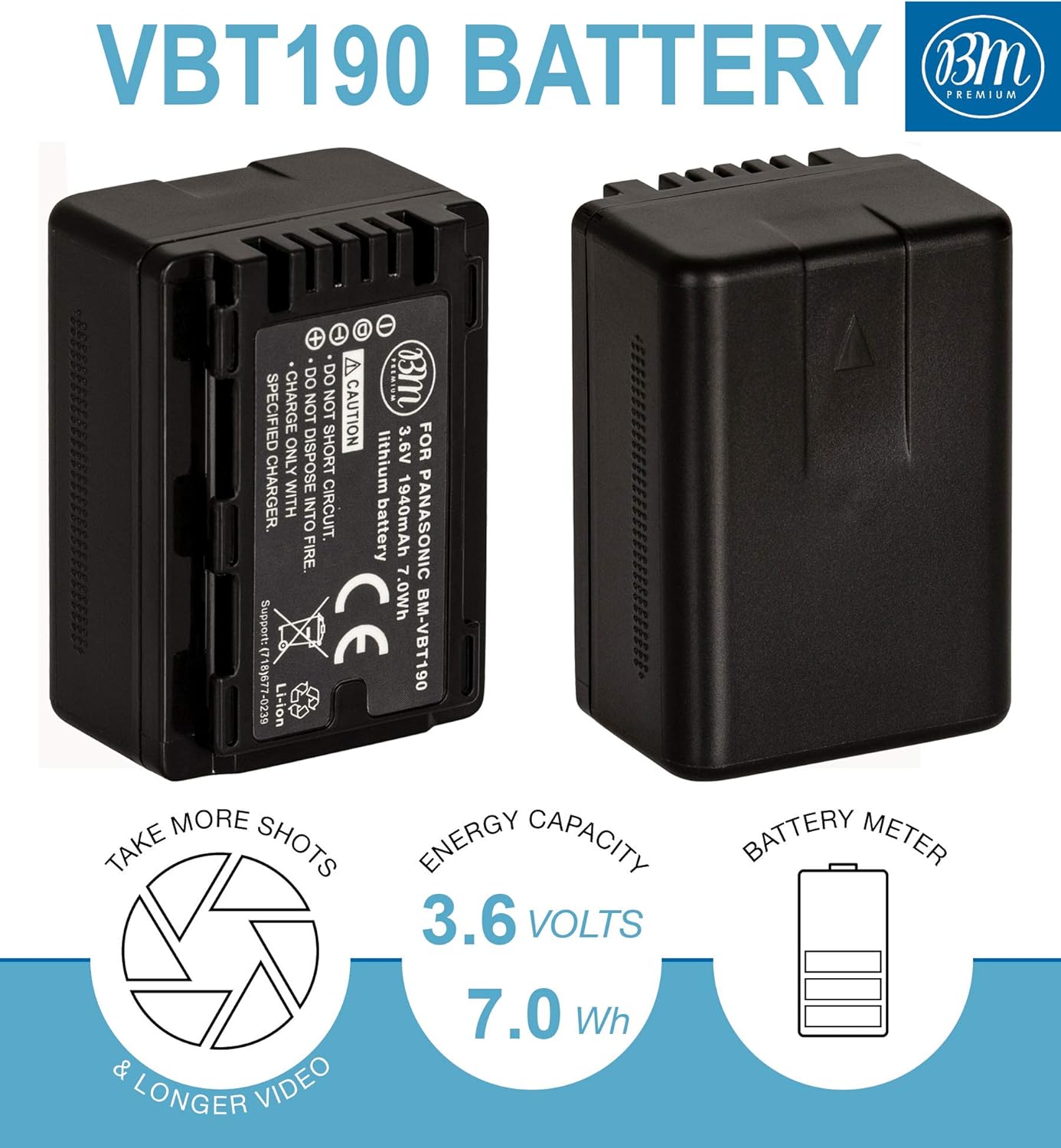 BM Premium VBT190 Replacement Battery for Panasonic HC V380 V510 V520 V550 V710 V720 V750 V770 VX870 VX981 HCW580 HCW850 HC WXF991 Camcorders - Long Lasting Power for Travel, Events & Home Videos