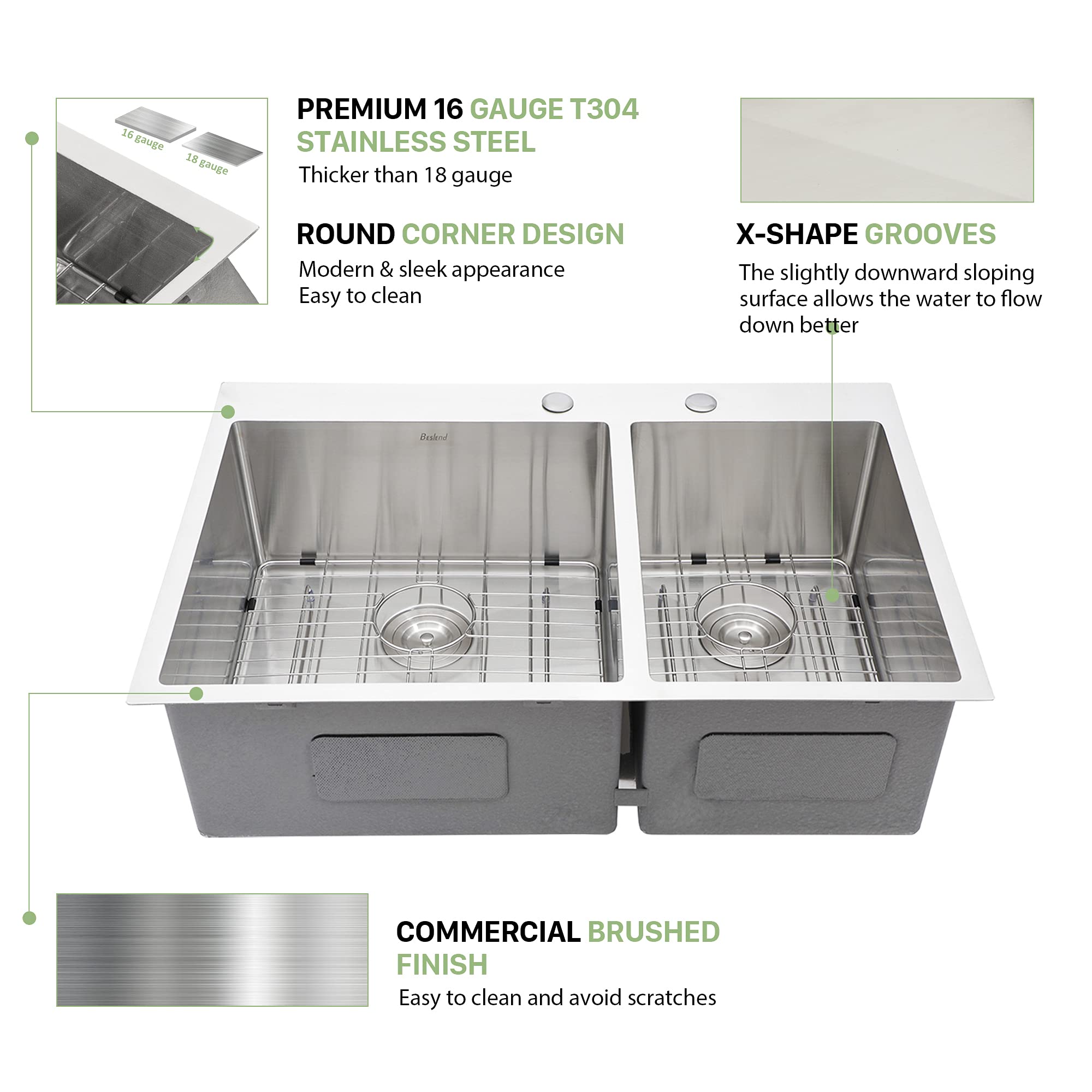 33 Inch Drop In Kitchen Sink - Topmount Stainless Steel 16 Gauge Double Bowl Sink 60/40 - 33