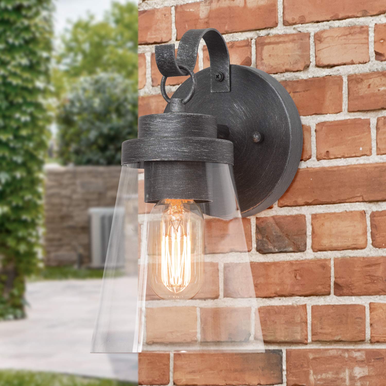 LNC Outdoor Wall Light Fixtures - Matte Antique Silver Exterior Wall Sconce with Clear Glass Shade, E26 Socket - Perfect for Porch, Patio, Garden & Entryway Lighting