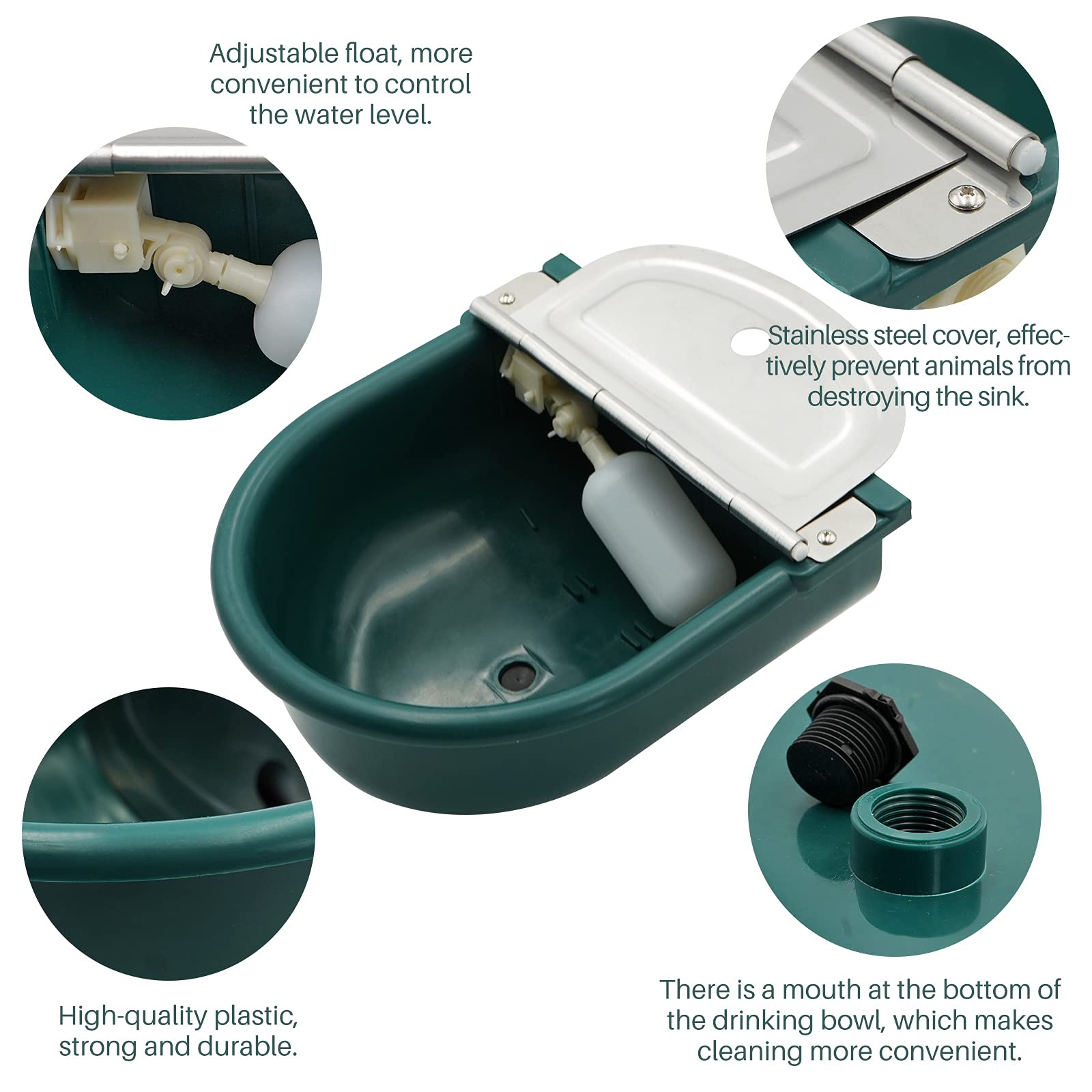 Automatic Waterer Bowl for Horses, Dogs, Sheep, Cows & Pigs - Large Plastic Animal Water Feeder with Float Valve & Drain Plug (Dark Green) - Ideal for Barns, Stables & Outdoor Farms
