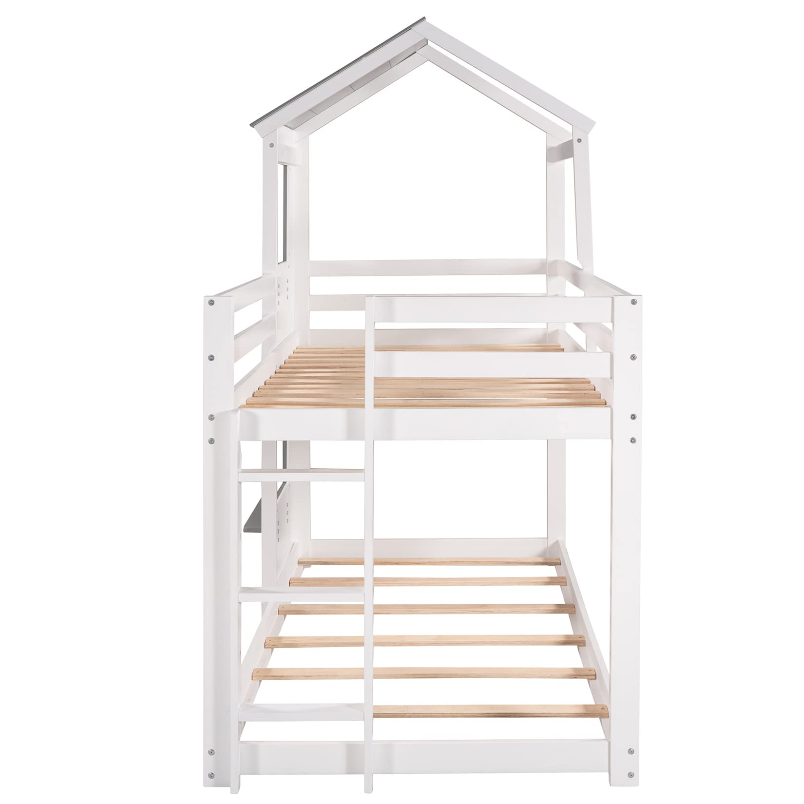 Twin Over Twin Wooden Bunk Bed Frame for Kids & Teens - Sturdy House Bunk Beds for Boys & Girls (White) - Perfect for Kids' Bedrooms, Dormitories & Space-Saving Home Decor