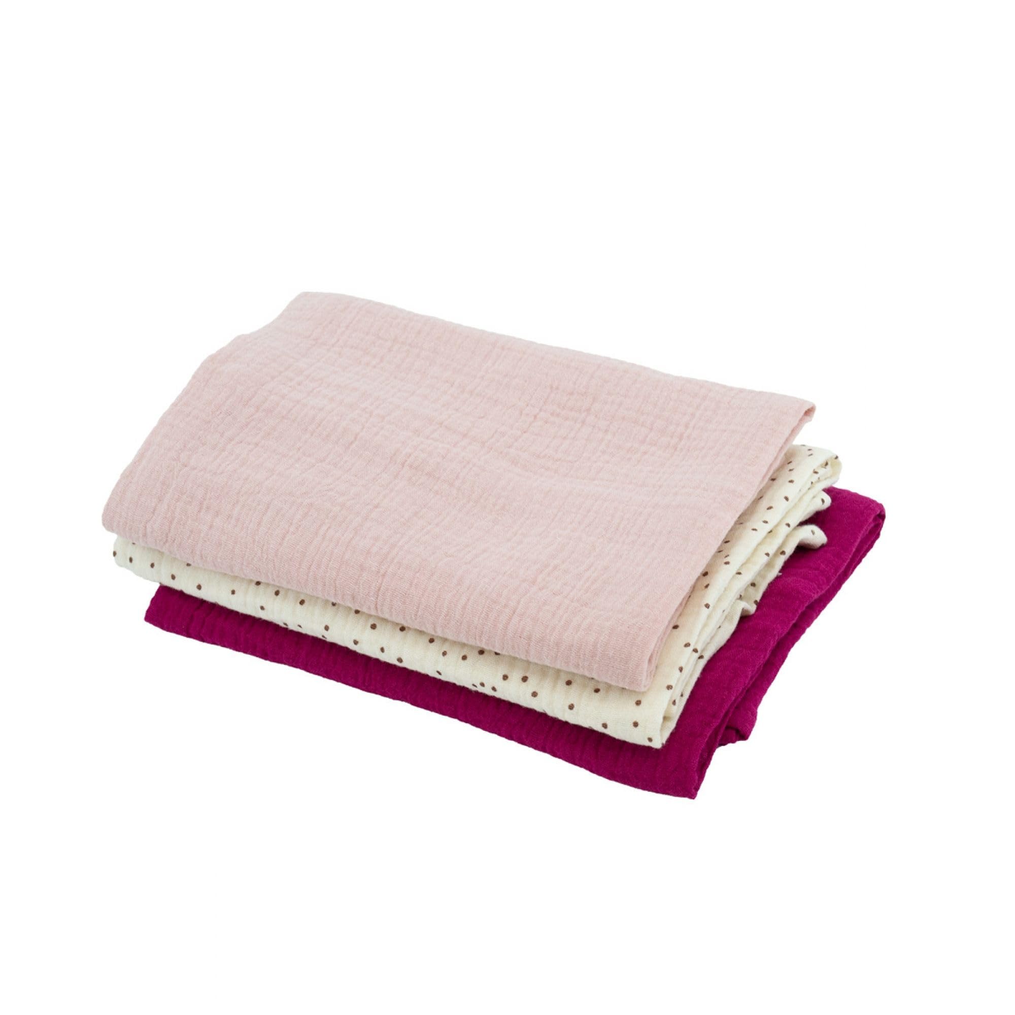 DOMIVA - Pack of 3 Cotton Gauze Scarves: 1 Printed + 2 Solid Rose Grenadine 60x60cm - Perfect for Fashion Accessories, Head Wraps & Boho Style Outfits