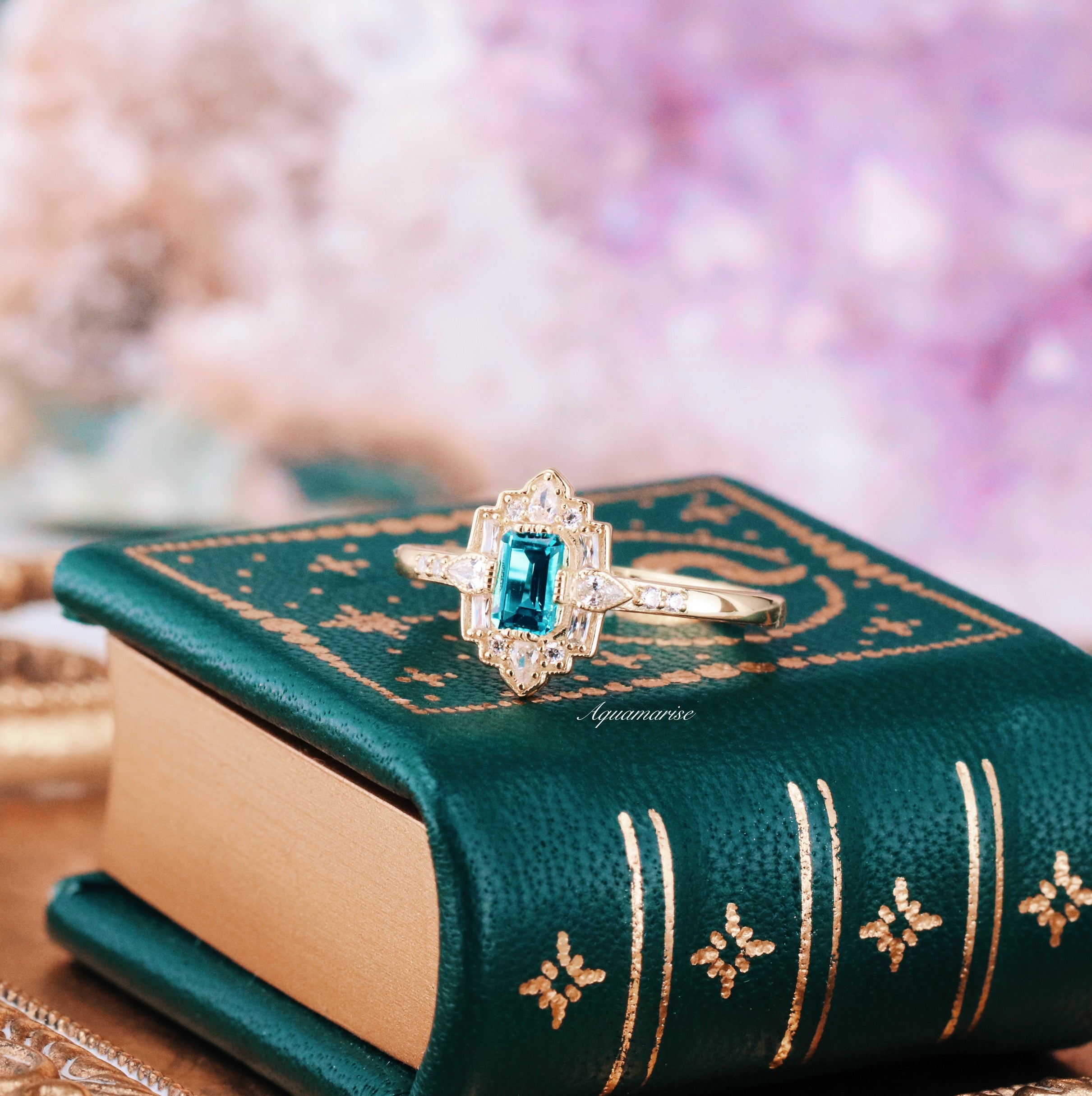 14K Yellow Gold Vermeil Art Deco London Blue Topaz Ring - Elegant Vintage Jewelry for Women, Perfect for Weddings, Anniversaries & Special Occasions