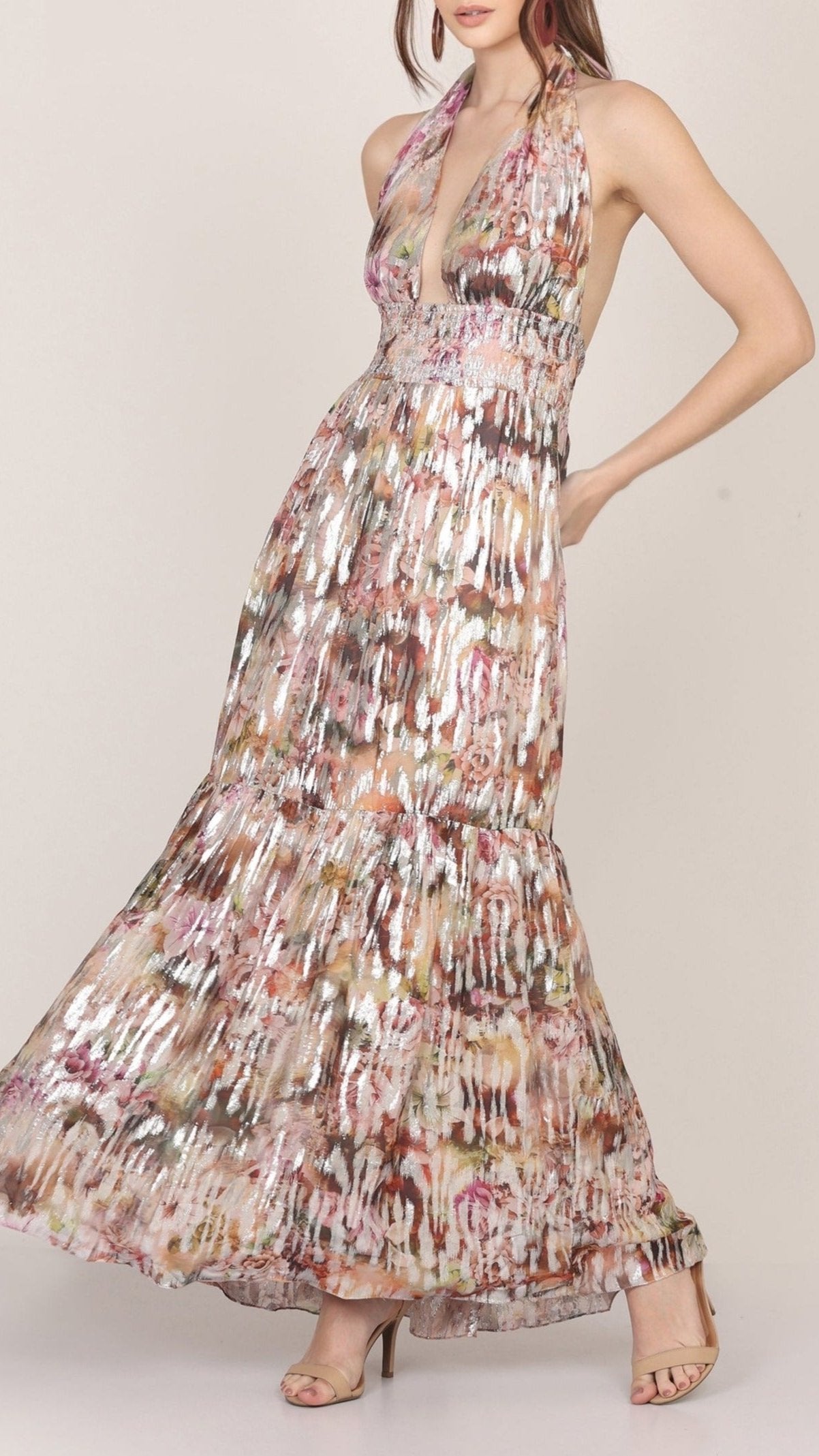 Elegant Noorex Metallic Printed Maxi Dress for Women - Stylish Party & Evening Wear - Perfect for Weddings, Cocktails & Special Occasions