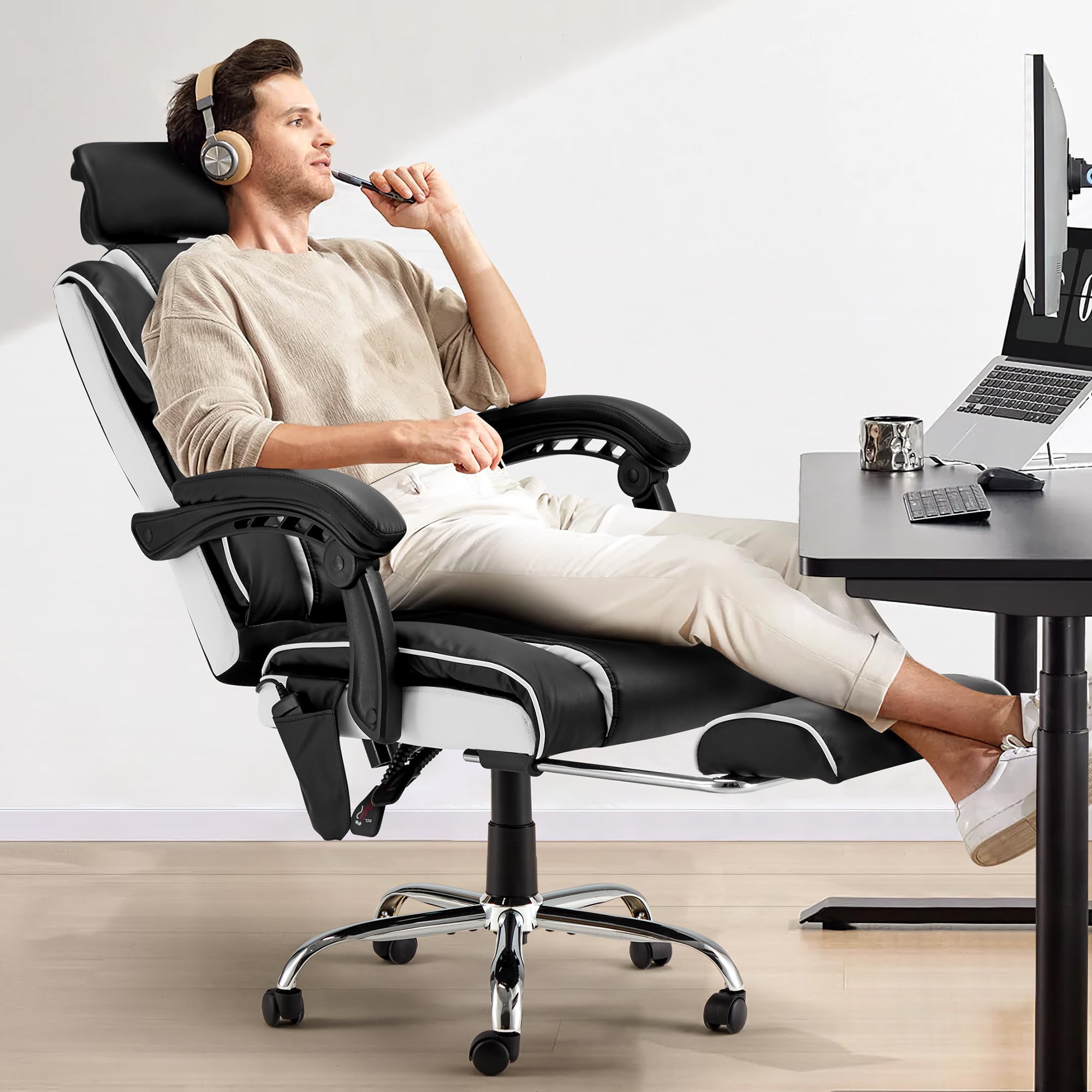 HOMREST 6-Point Ergonomic Massage Office Chair with Adjustable Footrest & Heated Reclining Backrest - Padded Armrest Executive Gaming Chair in Black - Perfect for Home Office, Workstation & PC Gaming Setup