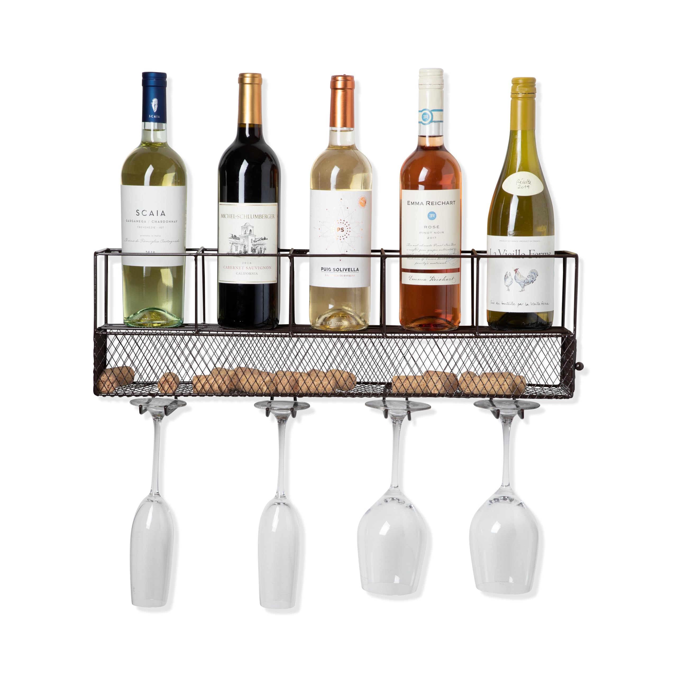 Sturdy Wall Mounted Wine Rack with Cork Cage Stemware Holder - Holds 5 Wine Bottles & 4 Glasses, Rustic Brown Finish - Perfect for Kitchen, Bar, Dining Room & Wine Cellar Organization
