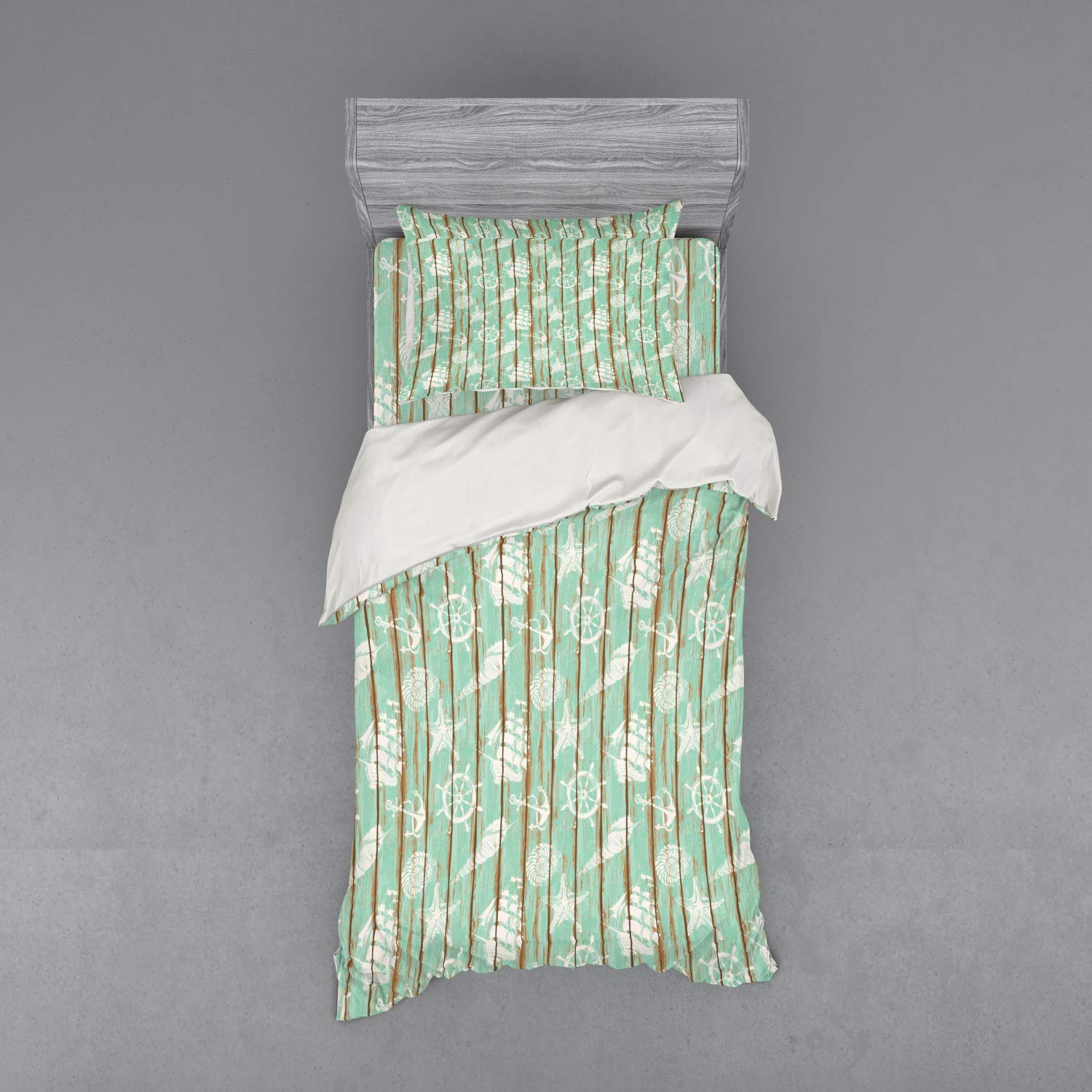 Ambesonne Nautical Ships Wheel Bedding Set - 3 Piece Duvet Cover with Sham & Fitted Sheet, Twin Size, Mint Green, Vintage Anchor Wheel & Seashell Design - Perfect for Coastal Themed Bedrooms & Beach House Decor