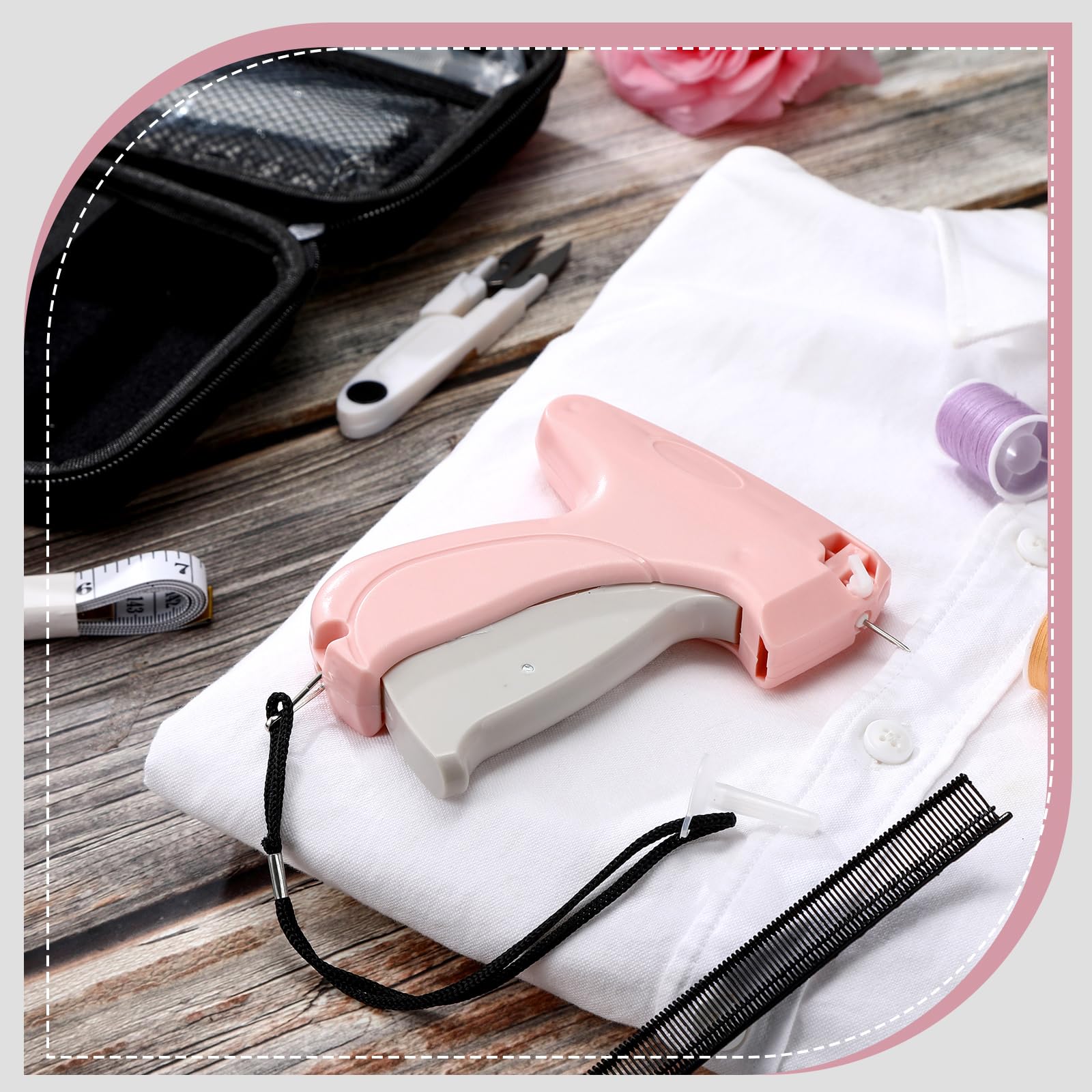 Lasnten 3007 Pcs Quick Clothing Fixer Kit with Fine Needle Stitch Gun - 5 Needles, 1500 Black & 1500 White Stitches - Sewing Hemming Gun for Home, Shops & Warehouse (Pink) - Perfect for Quick Repairs, DIY Projects & Emergency Clothing Fixes