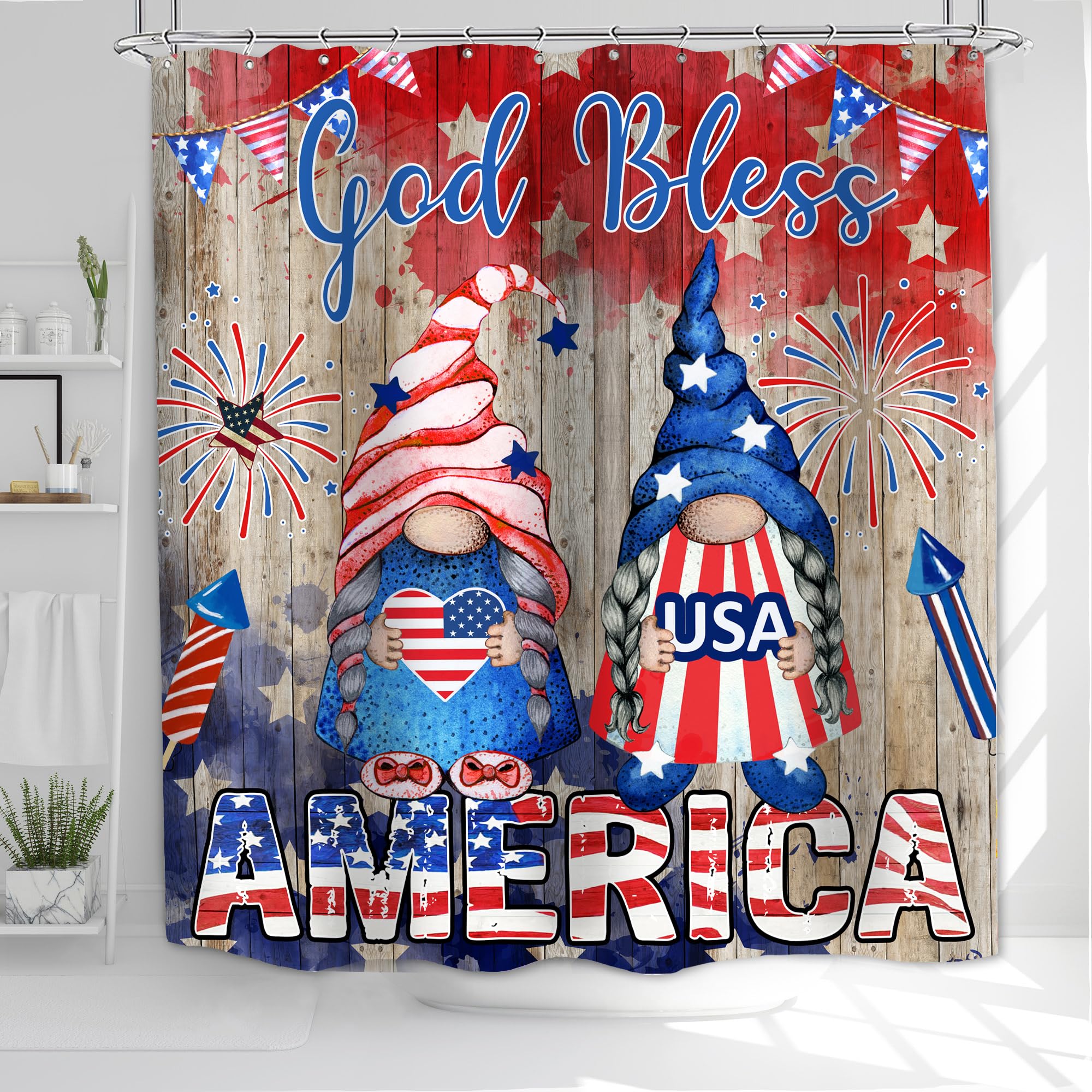 4th of July Shower Curtain - Patriotic American Flag Bathroom Decor with Stars & Stripes | Waterproof Independence Day Gnome Design with Hooks | 71x71 Inches for Home & Holiday Celebrations