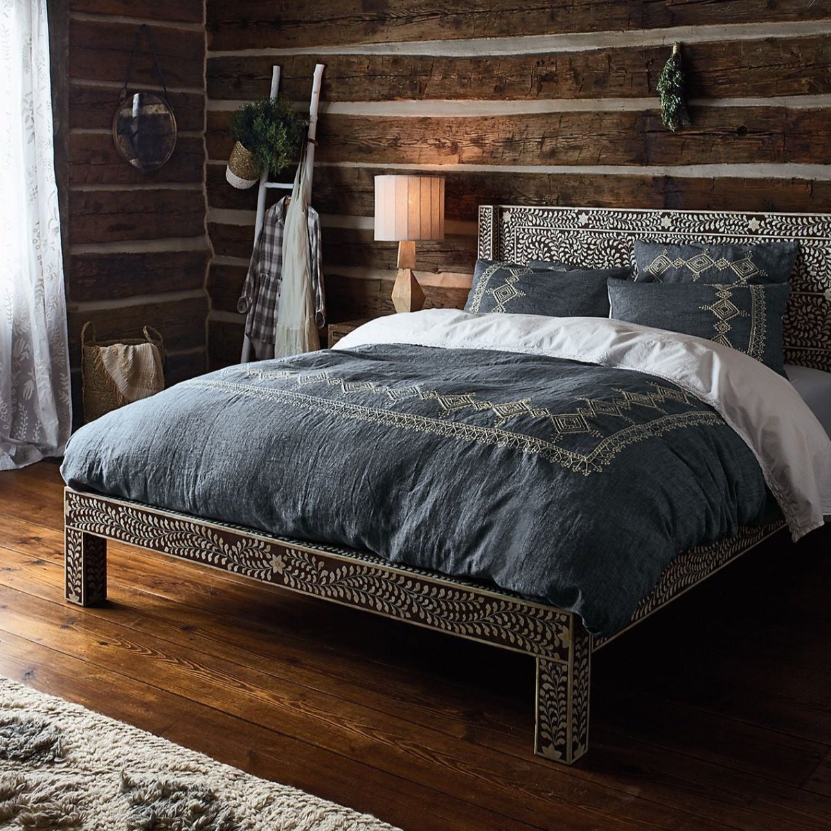 Handmade Bone Inlay King/Queen Size Platform Bed with Upholstered Headboard - Luxury Bedroom Furniture for Master Suite & Guest Room Decor