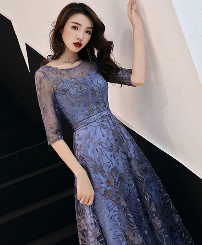 Elegant Blue Round Neck Tulle Lace Long Prom Dress for Women - Formal Evening Gown for Homecoming, Wedding, Party & Special Occasions