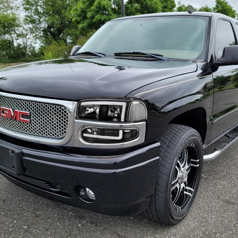 4PCS DRL LED Black Clear Headlights + Bumper Lamps for 2001-2006 GMC Sierra 1500 Denali - Black Housing Clear Lens Combo Set (Driver & Passenger Side) - Upgrade Your Truck Lighting for Night Driving & Off-Road Adventures