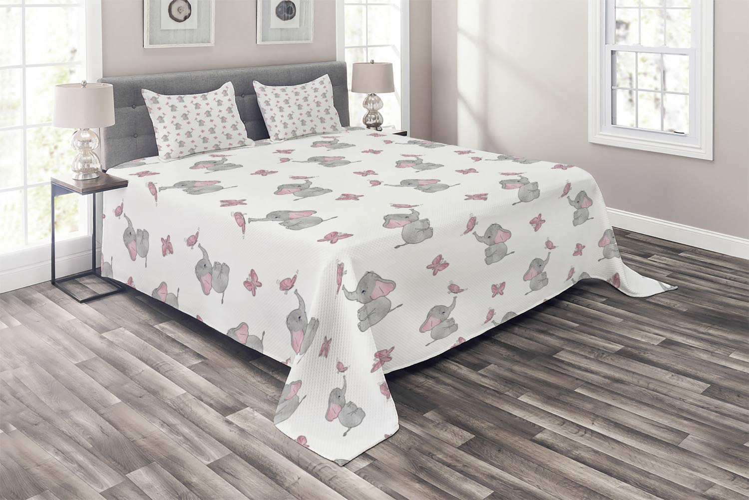 Ambesonne Animal Cartoon Quilt Set - King Size 3-Piece Bedding with Butterfly Design in Pale Pink, White & Grey | Soft Decorative Coverlet for Kids Room, Nursery or Guest Bedroom